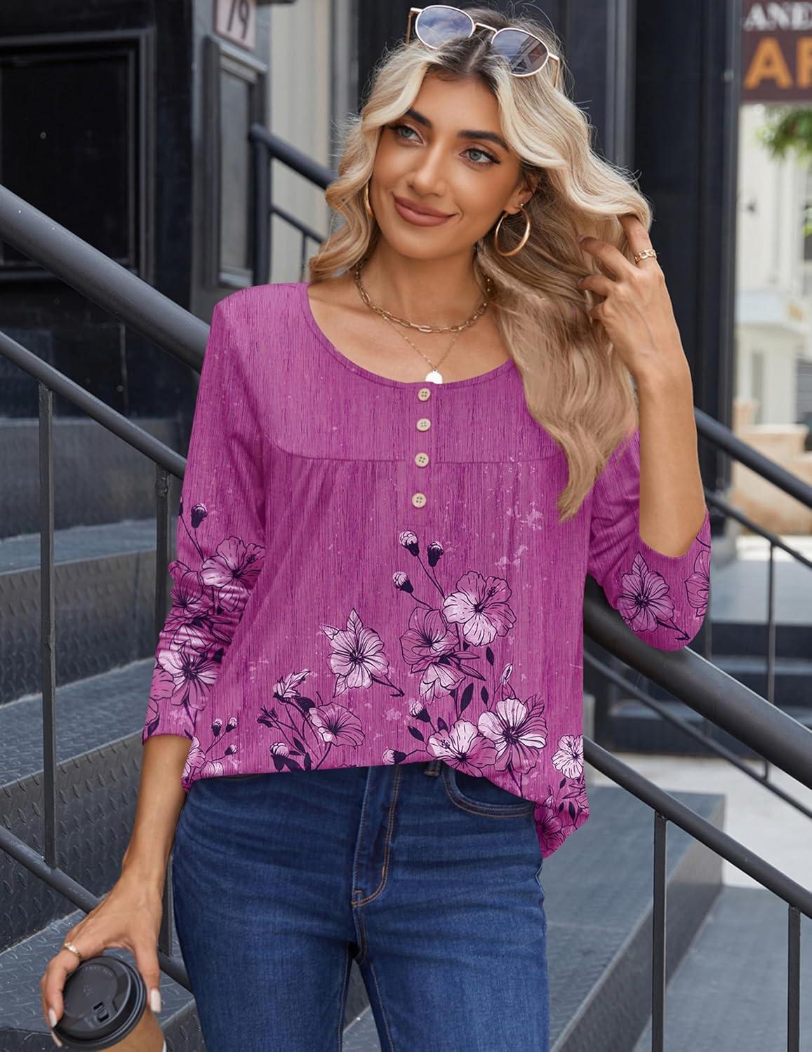 imageZeagoo Long Sleeve Shirts for Women Fall Fashion Dressy Casual Blouses Trendy Pleated Tunic Tops for Leggings 2025Purplesf219
