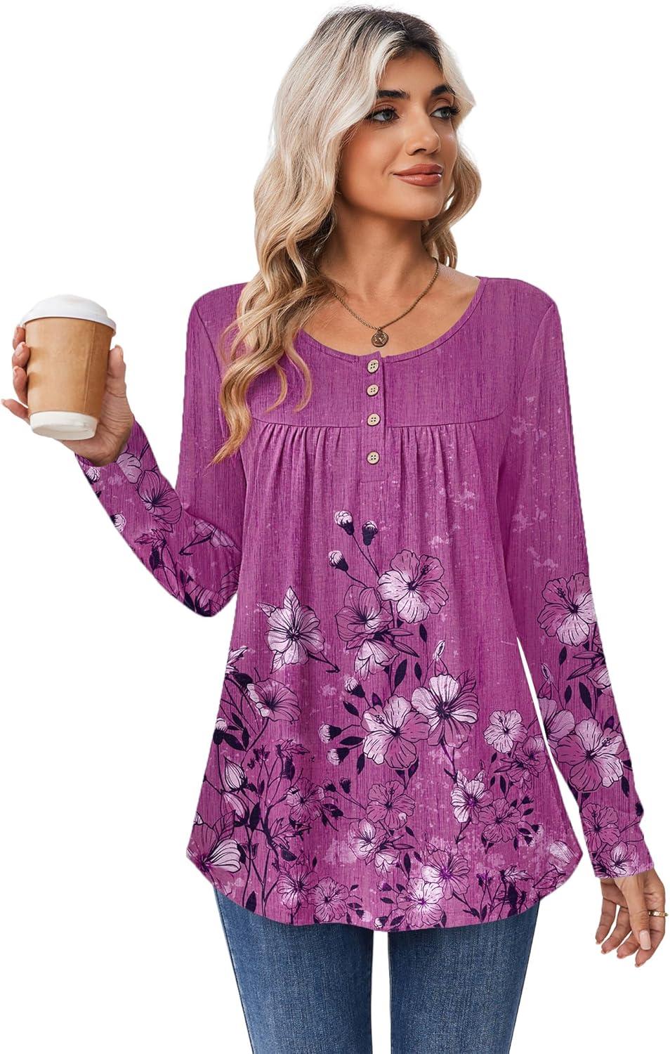imageZeagoo Long Sleeve Shirts for Women Fall Fashion Dressy Casual Blouses Trendy Pleated Tunic Tops for Leggings 2025Purplesf219