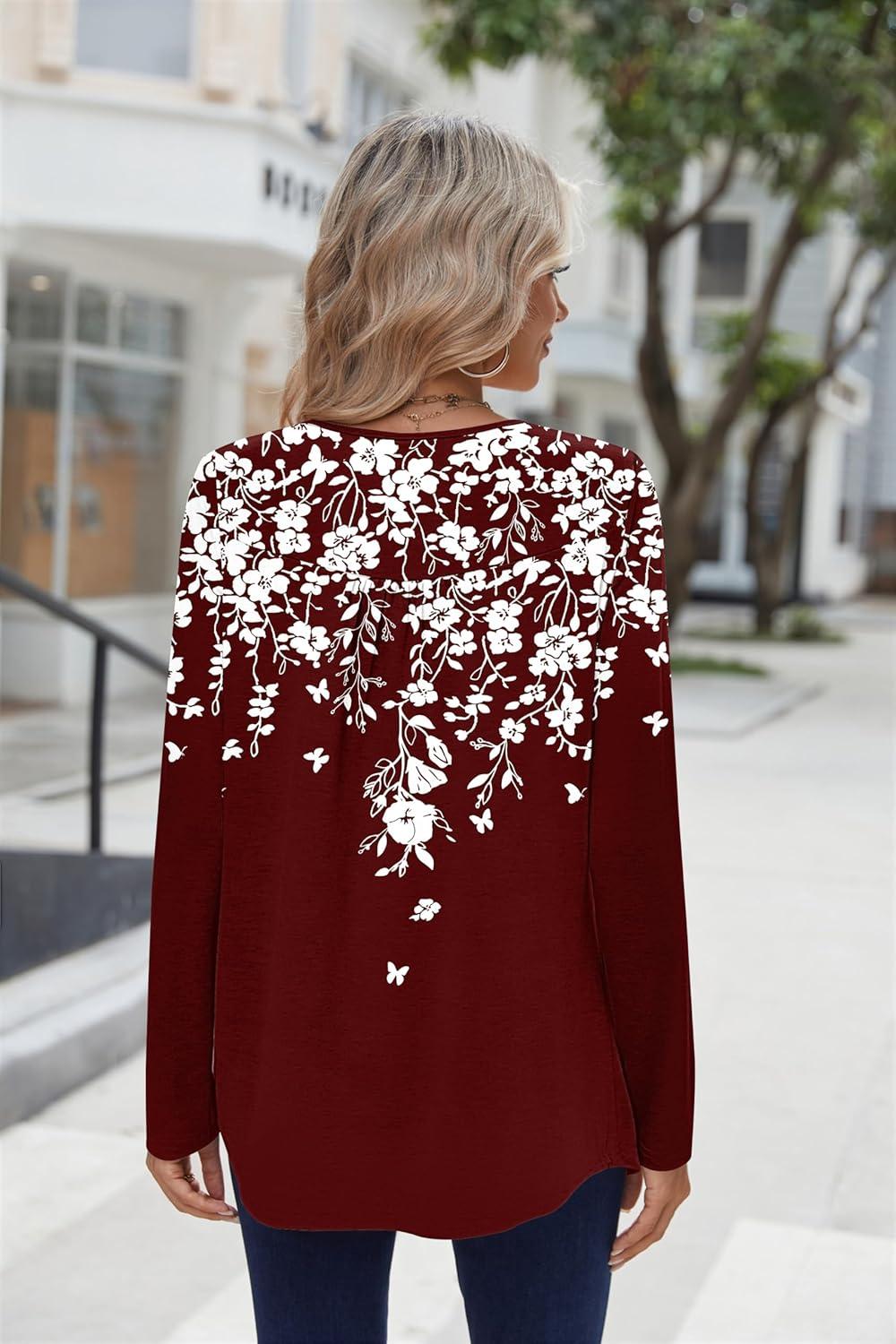 imageZeagoo Long Sleeve Shirts for Women Fall Fashion Dressy Casual Blouses Trendy Pleated Tunic Tops for Leggings 2025Red Flowersf186