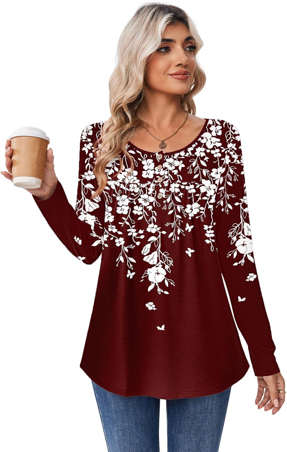 imageZeagoo Long Sleeve Shirts for Women Fall Fashion Dressy Casual Blouses Trendy Pleated Tunic Tops for Leggings 2025Red Flowersf186