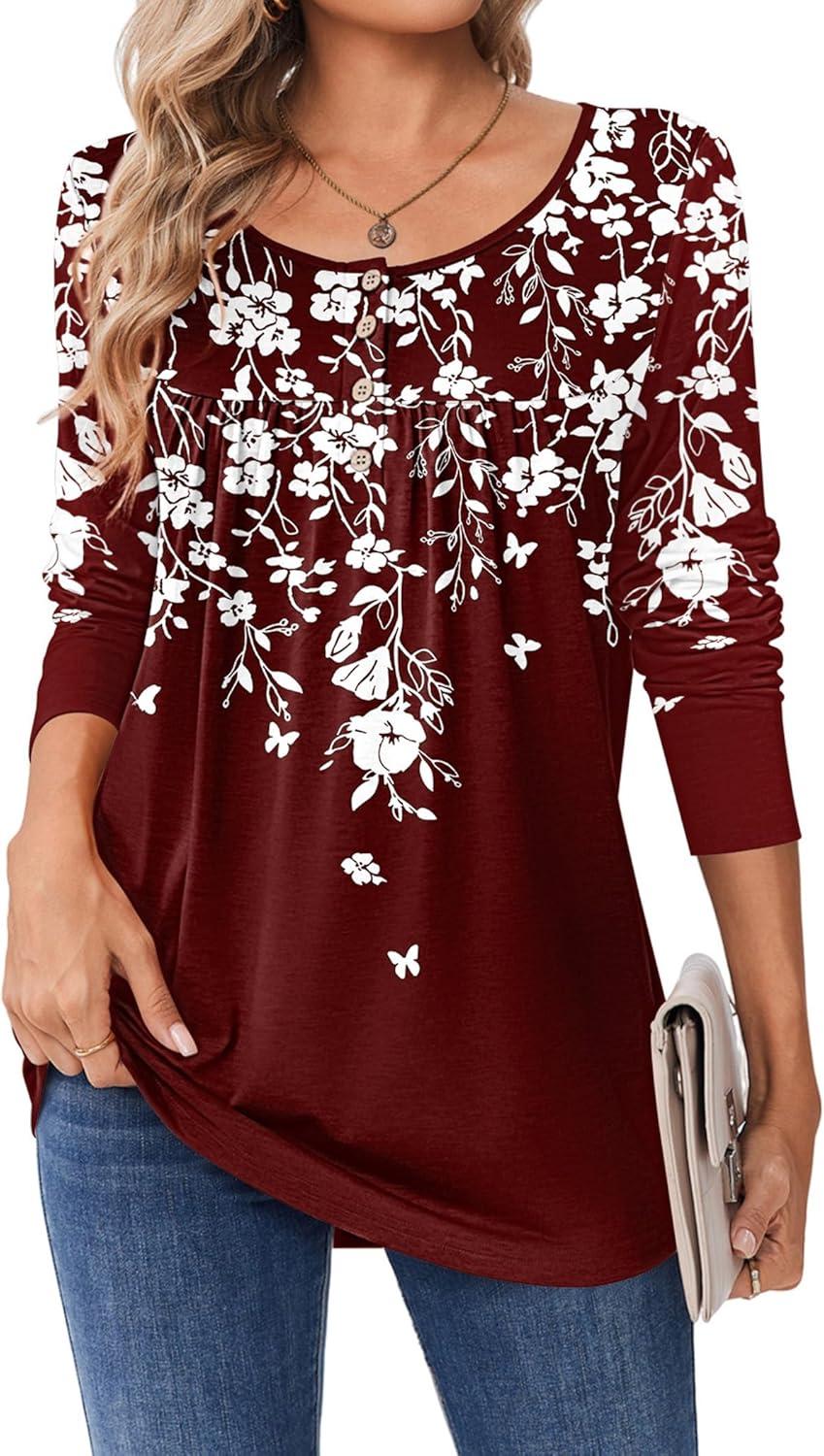 imageZeagoo Long Sleeve Shirts for Women Fall Fashion Dressy Casual Blouses Trendy Pleated Tunic Tops for Leggings 2025Red Flowersf186