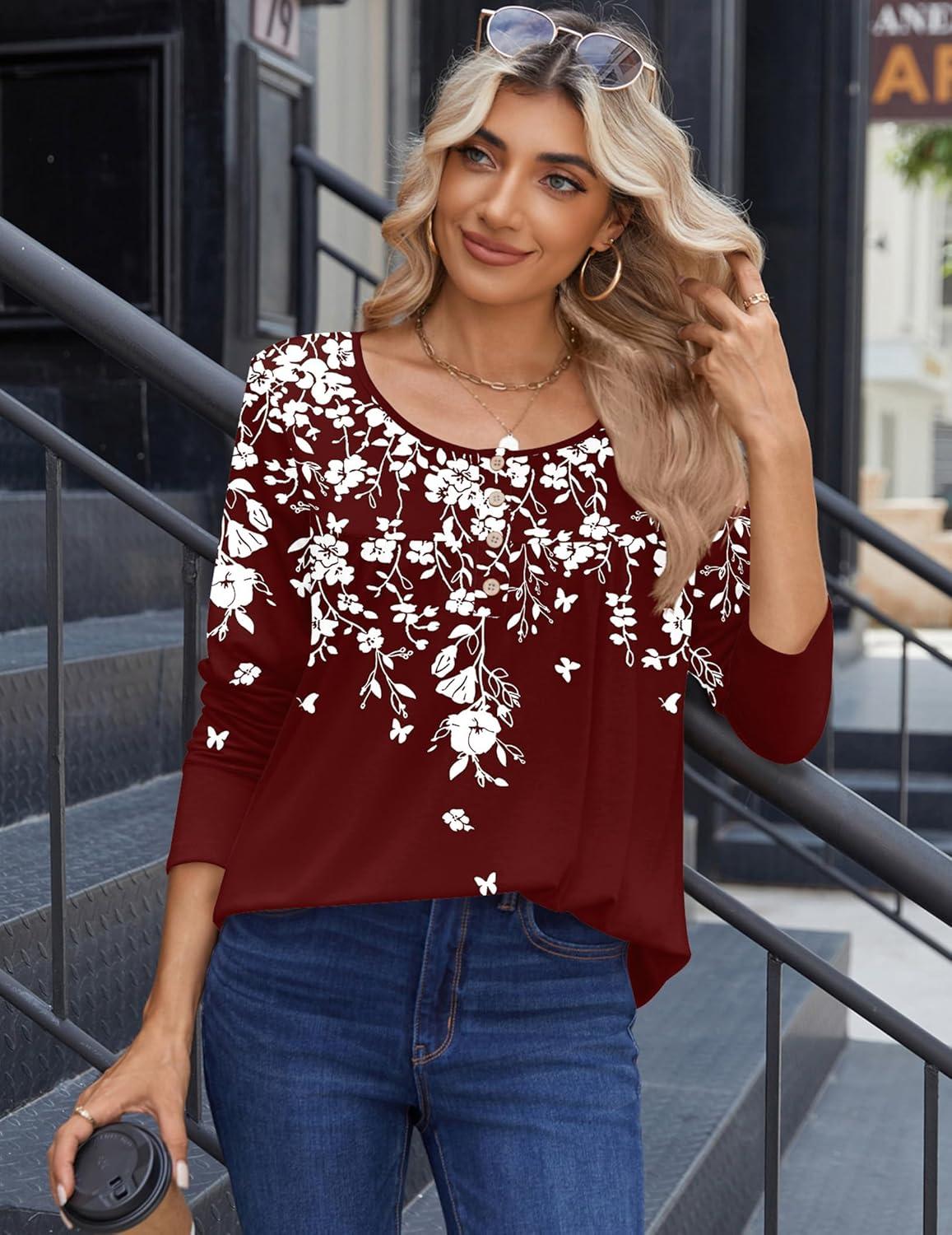 imageZeagoo Long Sleeve Shirts for Women Fall Fashion Dressy Casual Blouses Trendy Pleated Tunic Tops for Leggings 2025Red Flowersf186