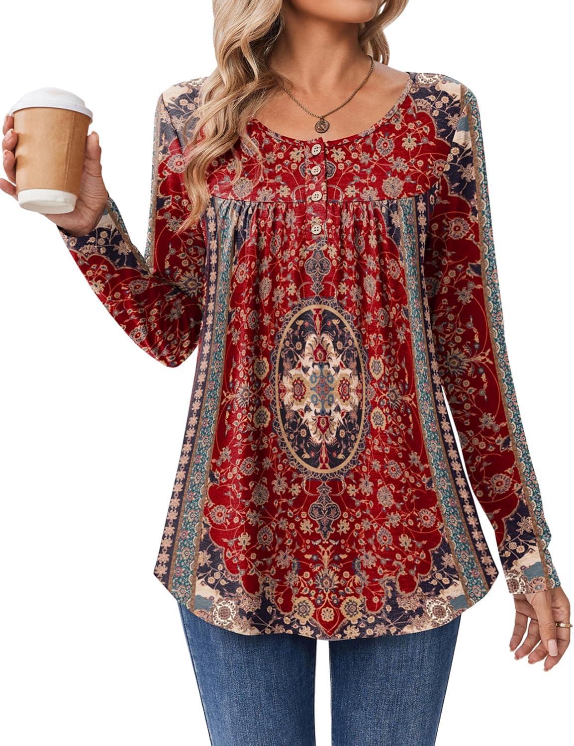 imageZeagoo Long Sleeve Shirts for Women Fall Fashion Dressy Casual Blouses Trendy Pleated Tunic Tops for Leggings 2025Red Printmz870