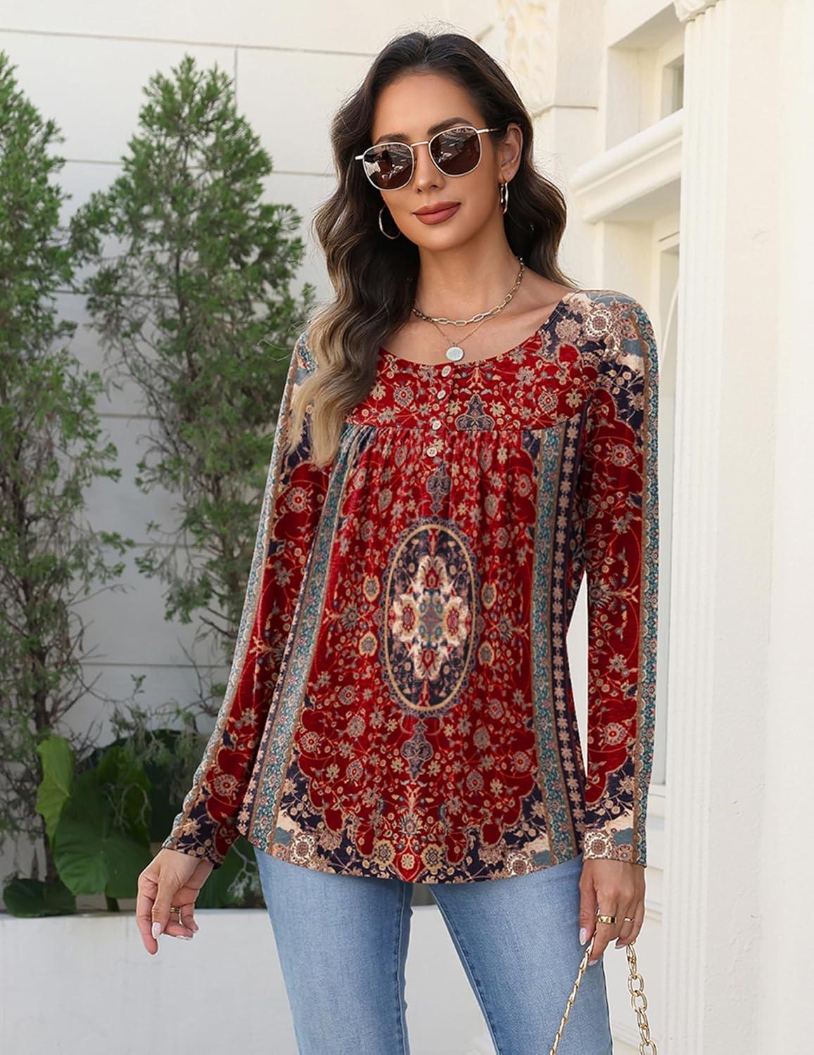 imageZeagoo Long Sleeve Shirts for Women Fall Fashion Dressy Casual Blouses Trendy Pleated Tunic Tops for Leggings 2025Red Printmz870