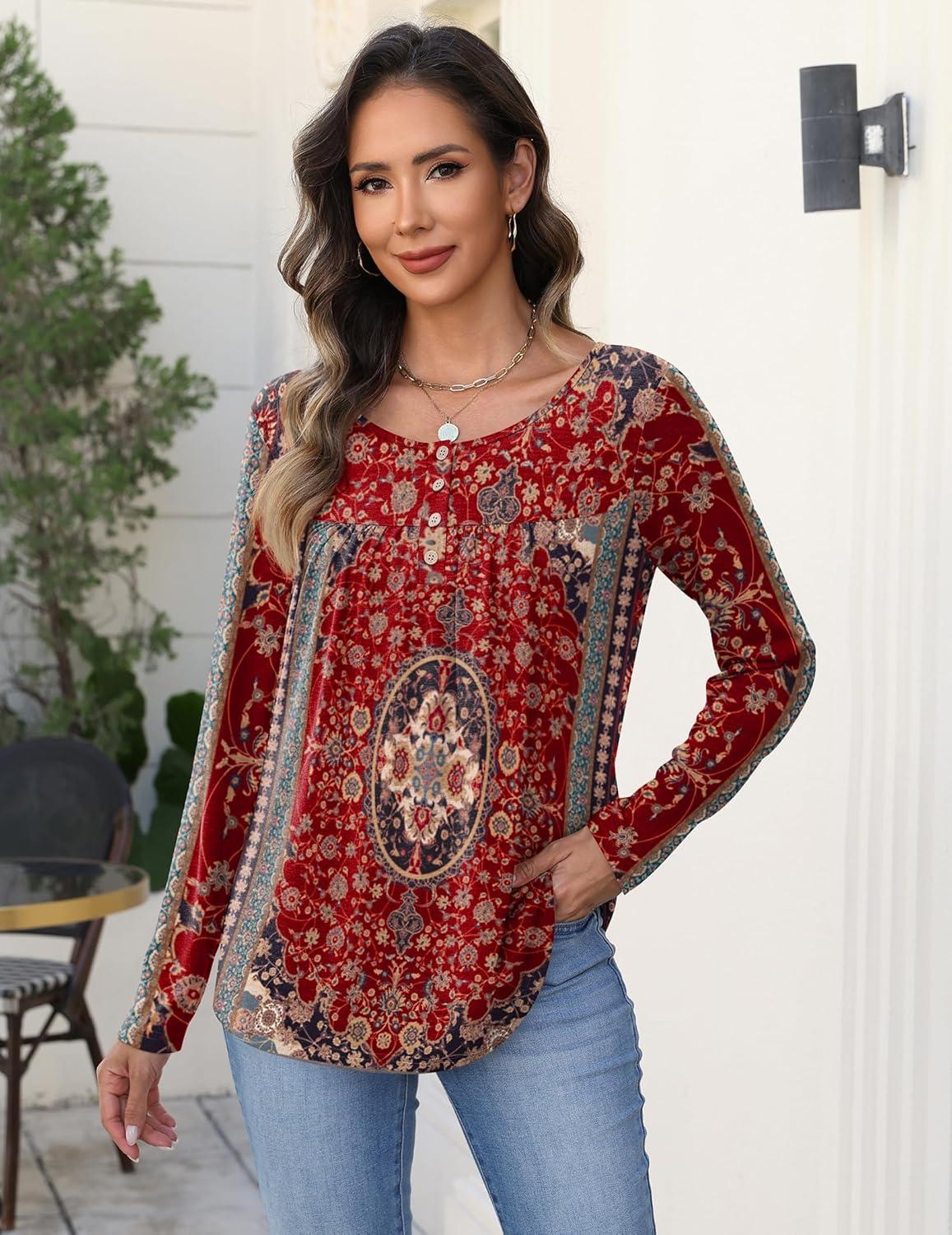 imageZeagoo Long Sleeve Shirts for Women Fall Fashion Dressy Casual Blouses Trendy Pleated Tunic Tops for Leggings 2025Red Printmz870