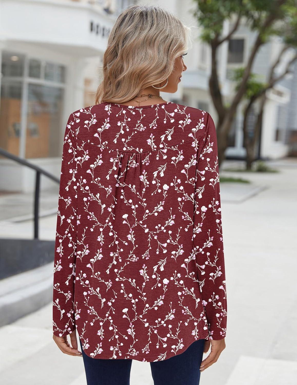 imageZeagoo Long Sleeve Shirts for Women Fall Fashion Dressy Casual Blouses Trendy Pleated Tunic Tops for Leggings 2025Wine Redbf321