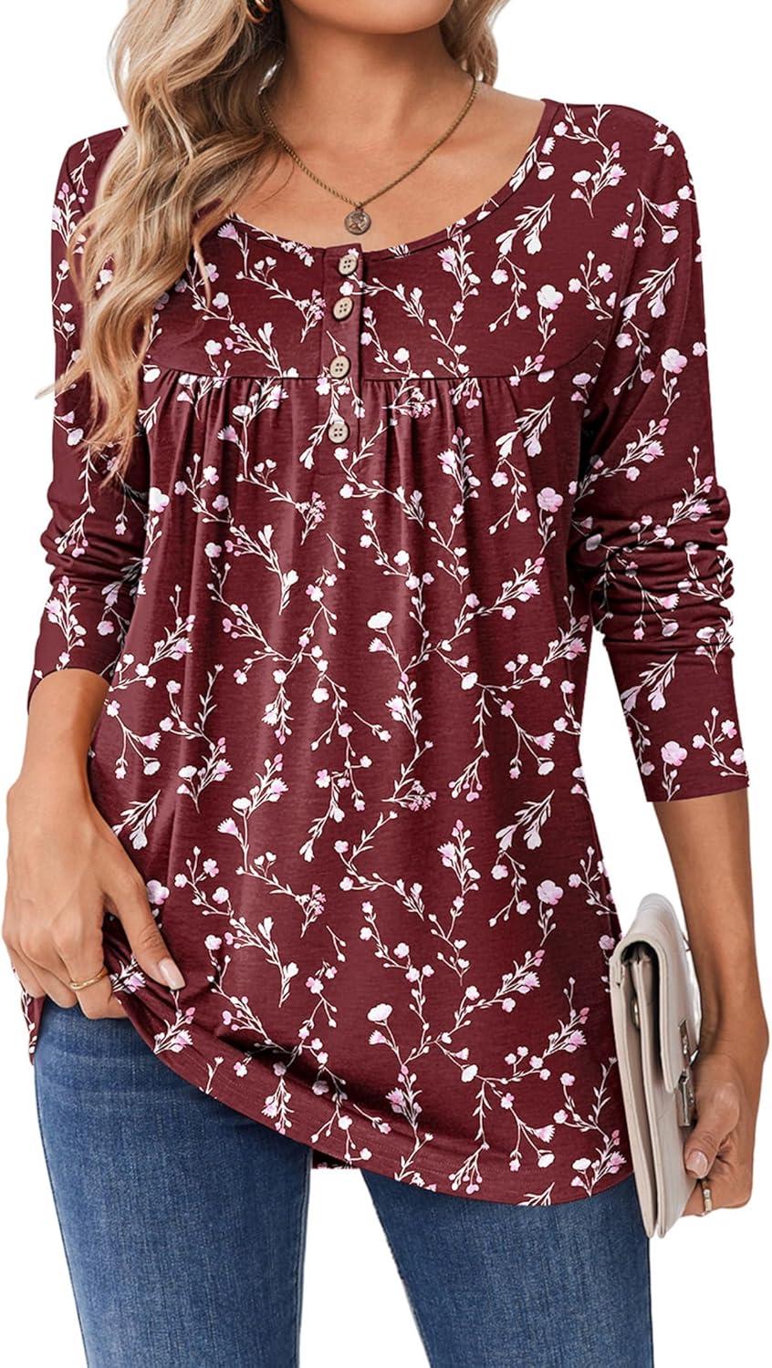 imageZeagoo Long Sleeve Shirts for Women Fall Fashion Dressy Casual Blouses Trendy Pleated Tunic Tops for Leggings 2025Wine Redbf321
