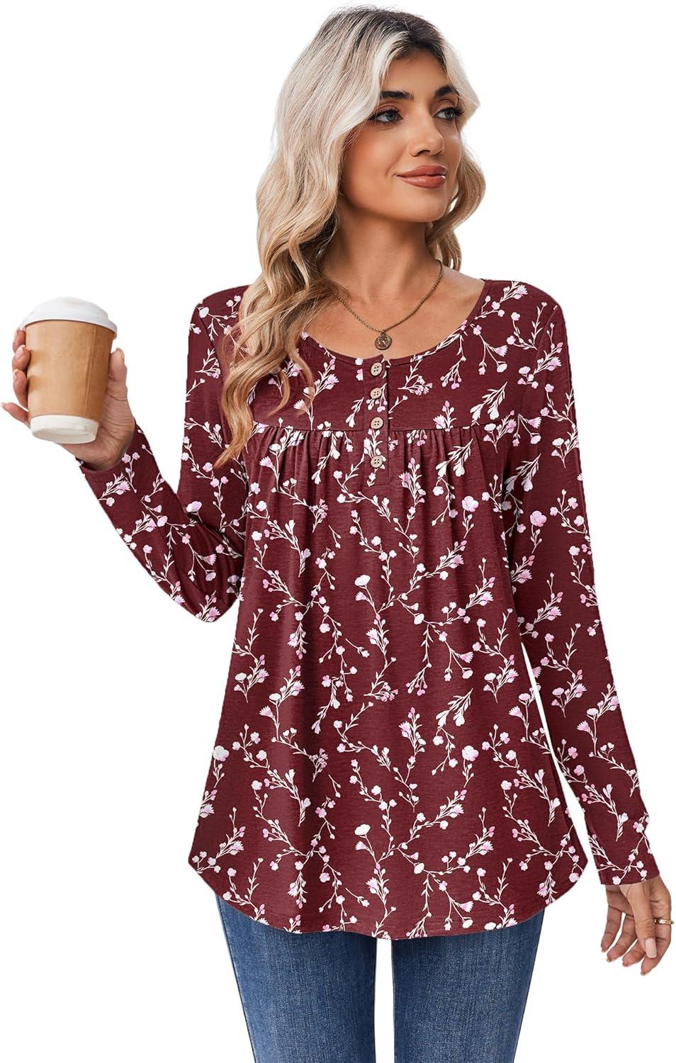 imageZeagoo Long Sleeve Shirts for Women Fall Fashion Dressy Casual Blouses Trendy Pleated Tunic Tops for Leggings 2025Wine Redbf321