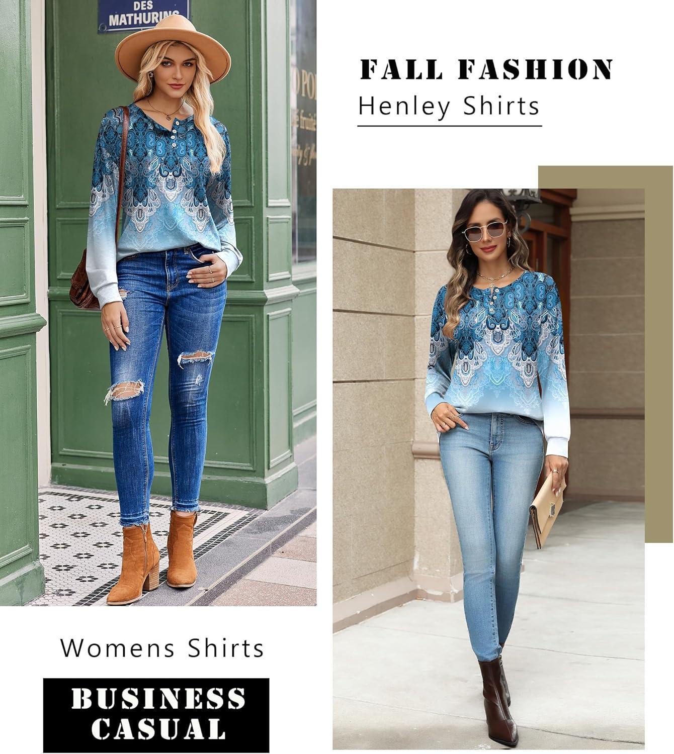 imageZeagoo Long Sleeve Shirts for Women Henley T Shirts Loose Fit Tunics Dressy Casual Work Blouses Fall Fashion TopsBlue Boho