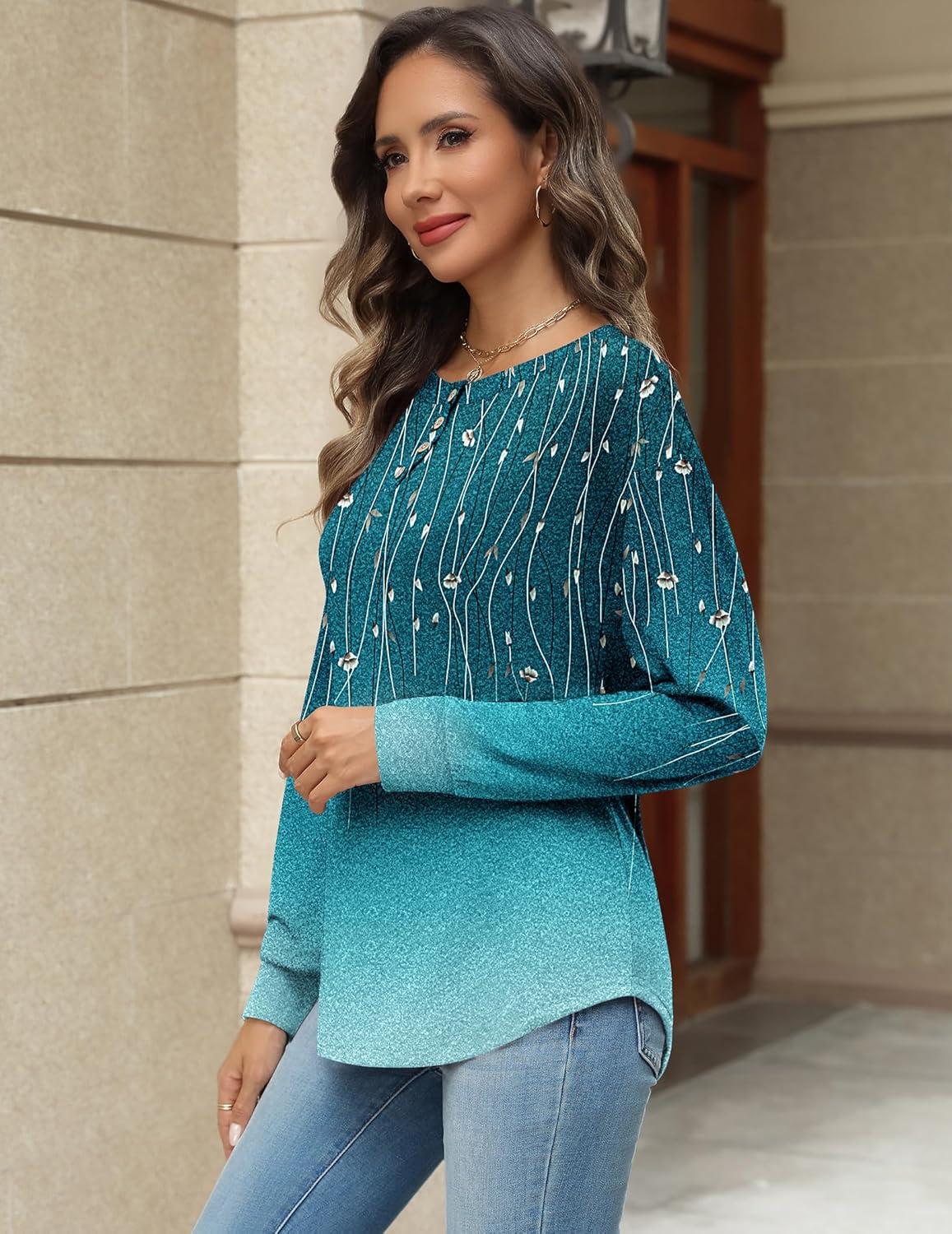 imageZeagoo Long Sleeve Shirts for Women Henley T Shirts Loose Fit Tunics Dressy Casual Work Blouses Fall Fashion TopsBlue Vine