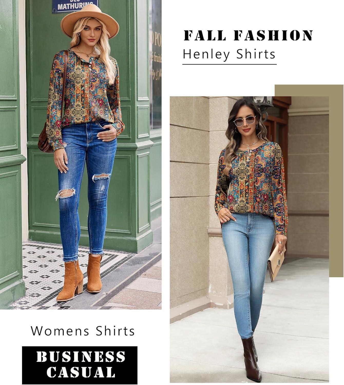 imageZeagoo Long Sleeve Shirts for Women Henley T Shirts Loose Fit Tunics Dressy Casual Work Blouses Fall Fashion TopsBrown Boho