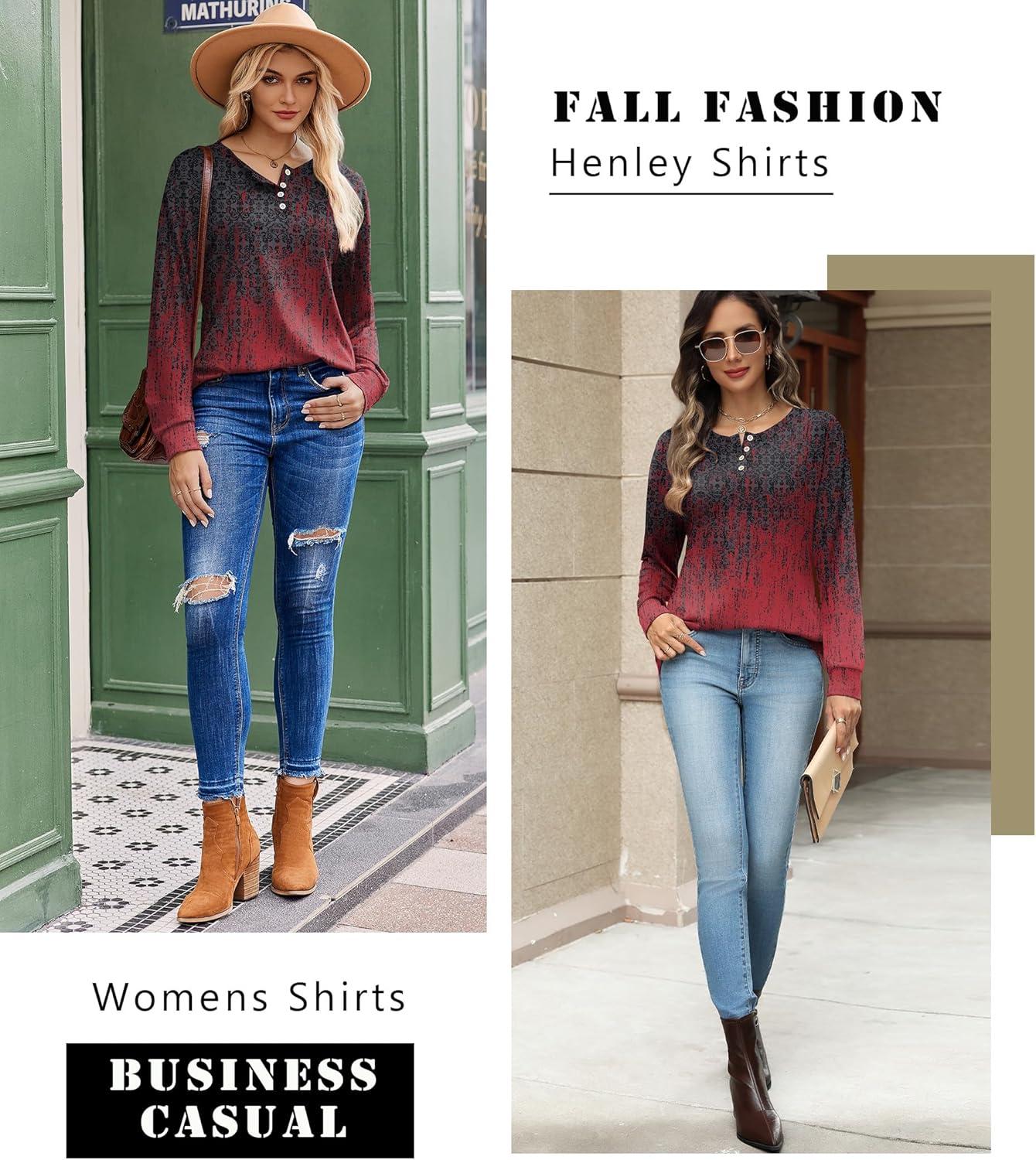 imageZeagoo Long Sleeve Shirts for Women Henley T Shirts Loose Fit Tunics Dressy Casual Work Blouses Fall Fashion TopsRed Boho