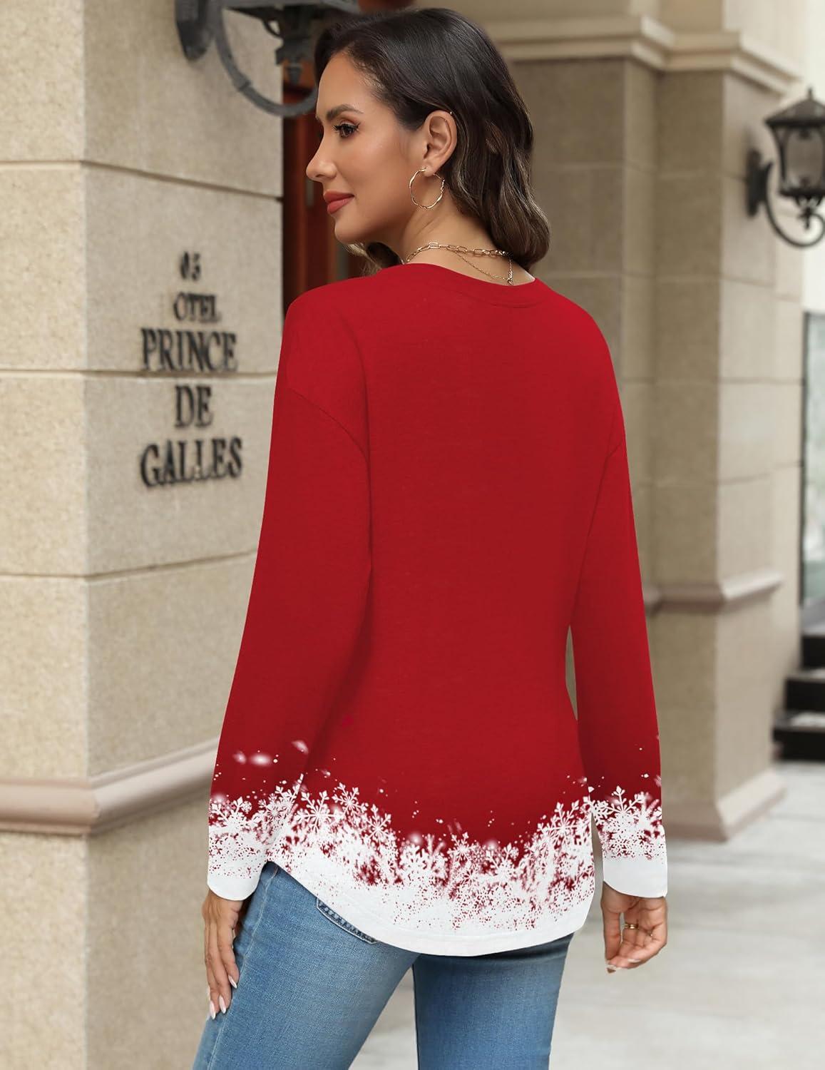 imageZeagoo Long Sleeve Shirts for Women Henley T Shirts Loose Fit Tunics Dressy Casual Work Blouses Fall Fashion TopsRed Christmas Tree