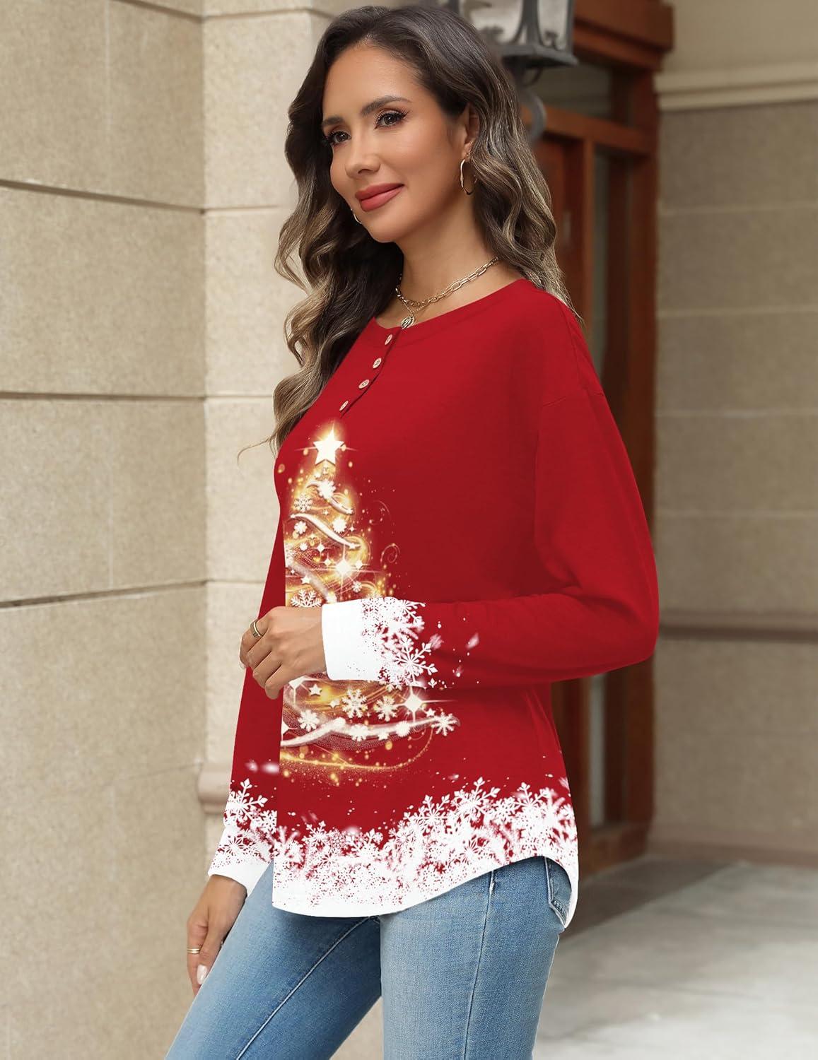 imageZeagoo Long Sleeve Shirts for Women Henley T Shirts Loose Fit Tunics Dressy Casual Work Blouses Fall Fashion TopsRed Christmas Tree