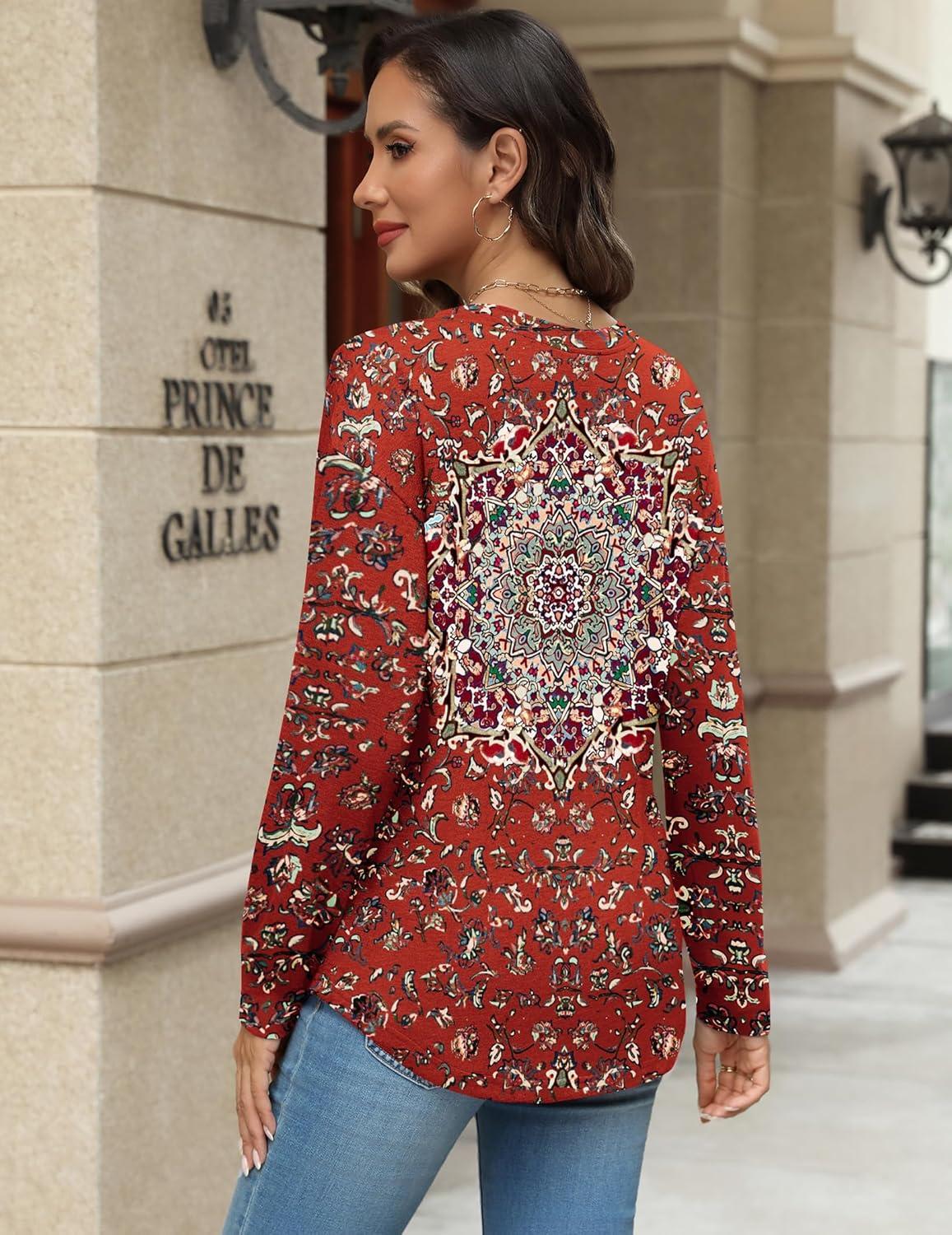 imageZeagoo Long Sleeve Shirts for Women Henley T Shirts Loose Fit Tunics Dressy Casual Work Blouses Fall Fashion TopsRed Ethnic Printed