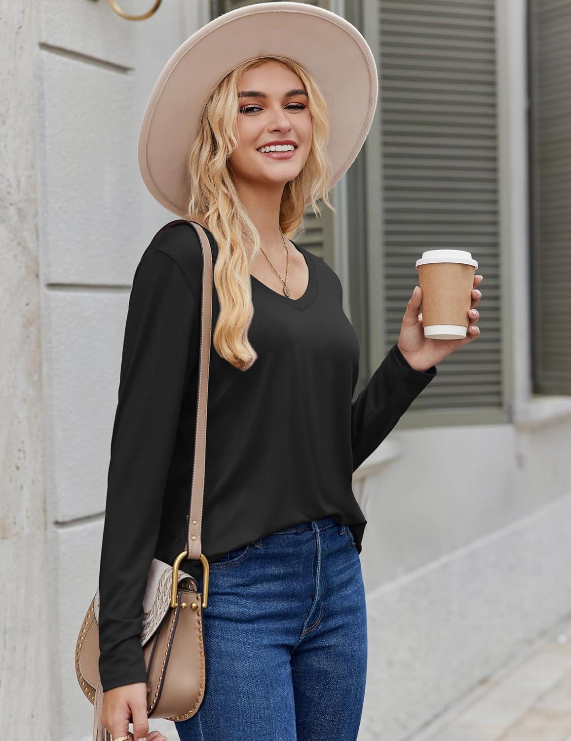 imageZeagoo Long Sleeve Tops for Women V Neck Shirt Loose Fall Tunic Tops Dressy Casual Work Blouse 2026Black