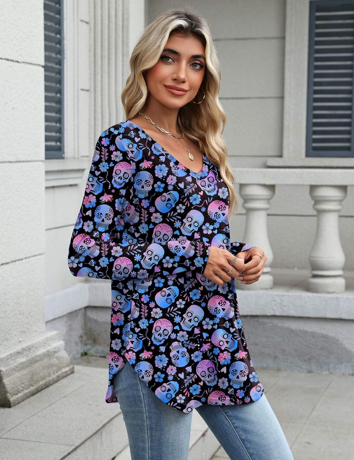 imageZeagoo Long Sleeve Tops for Women V Neck Shirt Loose Fall Tunic Tops Dressy Casual Work Blouse 2026Blue Skull