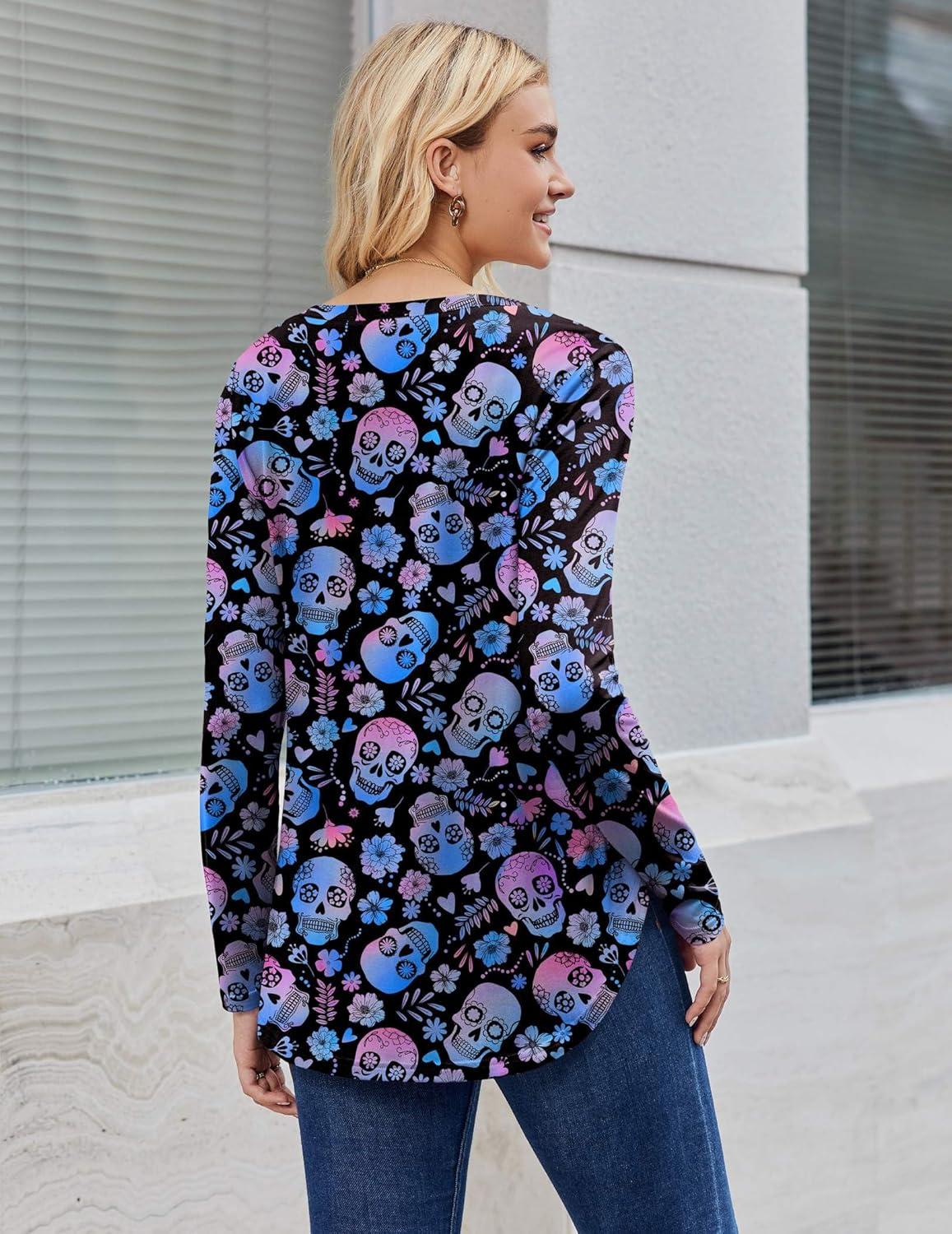 imageZeagoo Long Sleeve Tops for Women V Neck Shirt Loose Fall Tunic Tops Dressy Casual Work Blouse 2026Blue Skull