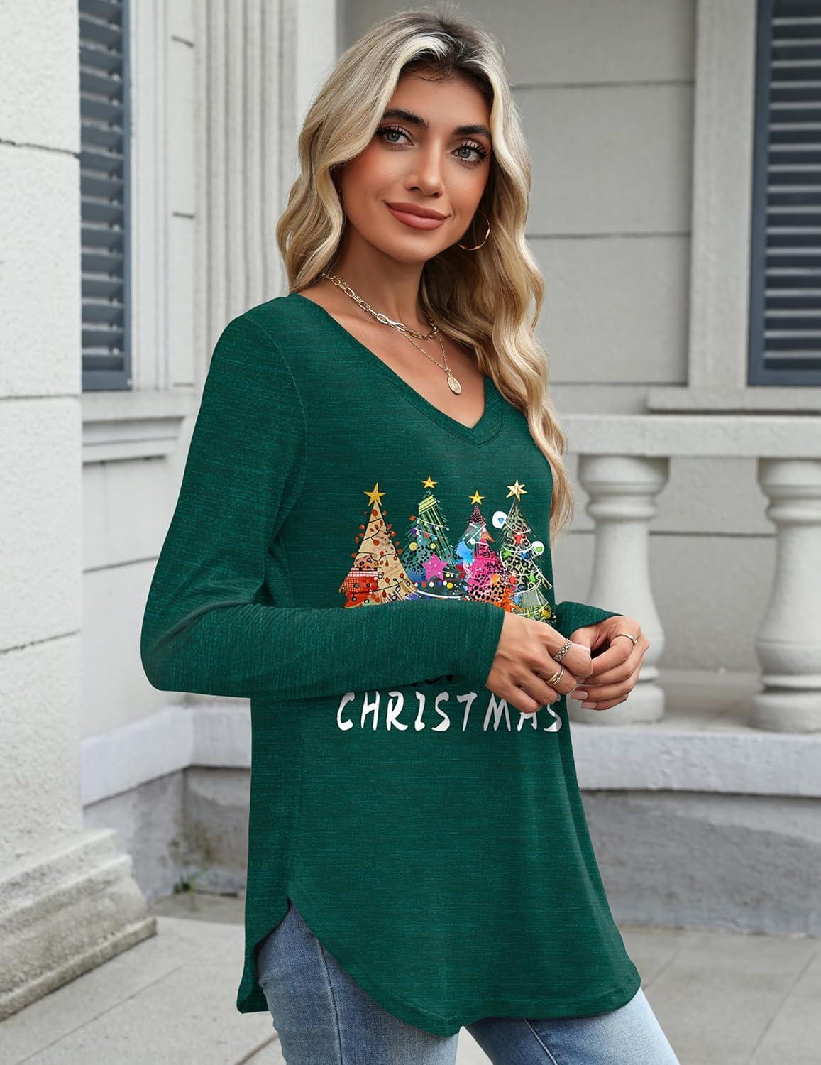 imageZeagoo Long Sleeve Tops for Women V Neck Shirt Loose Fall Tunic Tops Dressy Casual Work Blouse 2026Christmas Green