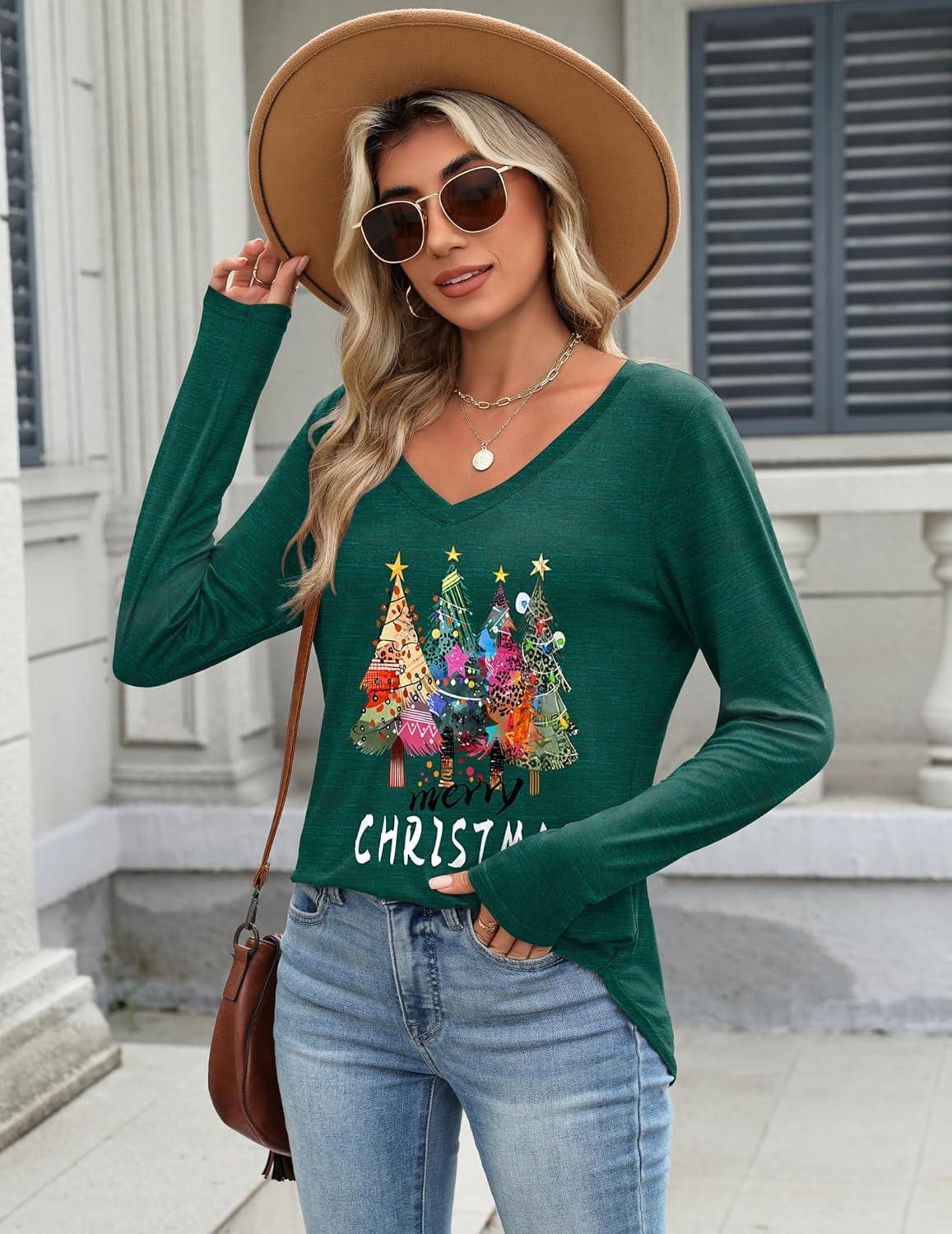 imageZeagoo Long Sleeve Tops for Women V Neck Shirt Loose Fall Tunic Tops Dressy Casual Work Blouse 2026Christmas Green