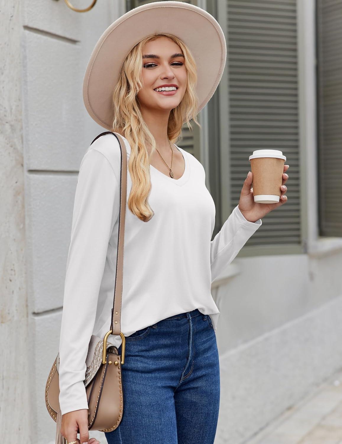 imageZeagoo Long Sleeve Tops for Women V Neck Shirt Loose Fall Tunic Tops Dressy Casual Work Blouse 2026White