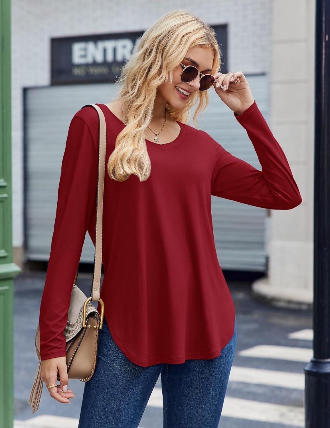 imageZeagoo Long Sleeve Tops for Women V Neck Shirt Loose Fall Tunic Tops Dressy Casual Work Blouse 2026Wine Red