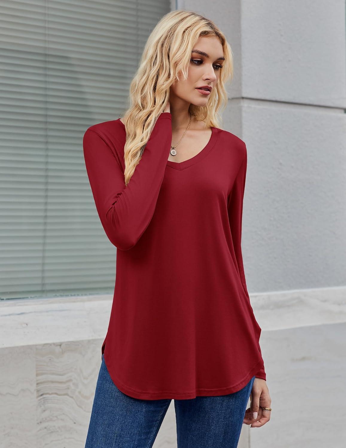 imageZeagoo Long Sleeve Tops for Women V Neck Shirt Loose Fall Tunic Tops Dressy Casual Work Blouse 2026Wine Red