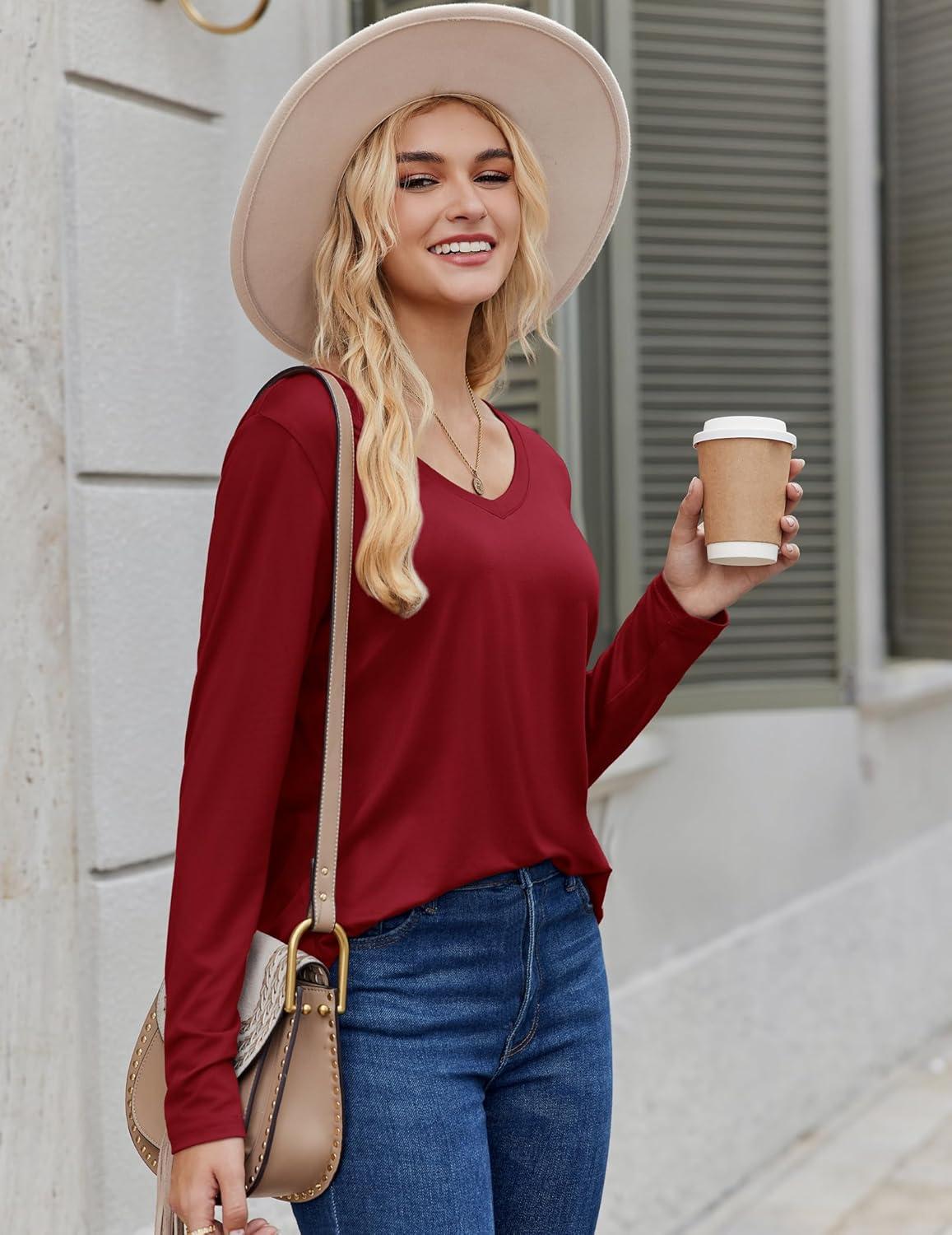 imageZeagoo Long Sleeve Tops for Women V Neck Shirt Loose Fall Tunic Tops Dressy Casual Work Blouse 2026Wine Red