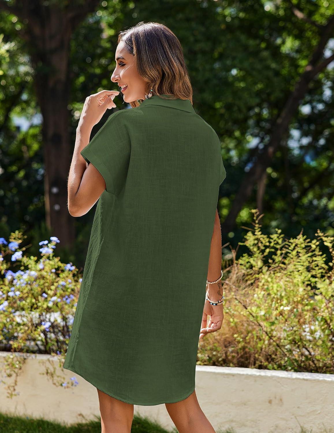 imageZeagoo Summer Dresses for Women 2026 Cotton Button Down Short Sleeve Tshirt Dresses Casual Mini Beach DressArmy Green