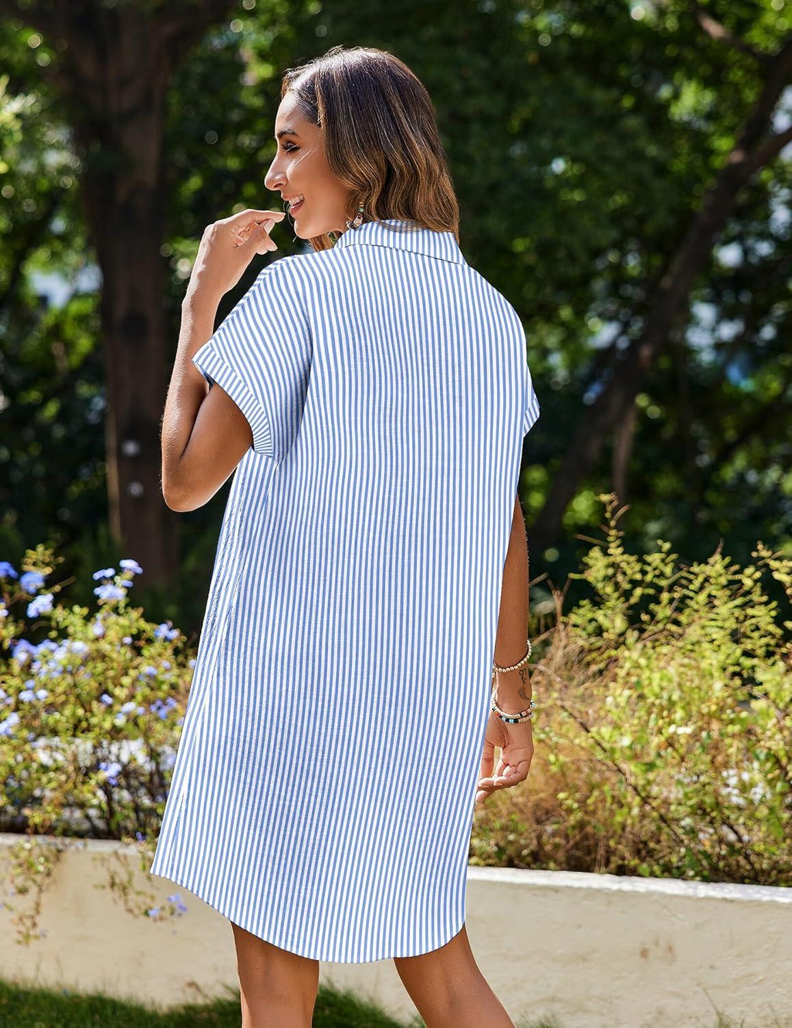 imageZeagoo Summer Dresses for Women 2026 Cotton Button Down Short Sleeve Tshirt Dresses Casual Mini Beach DressBluewhite Stripe