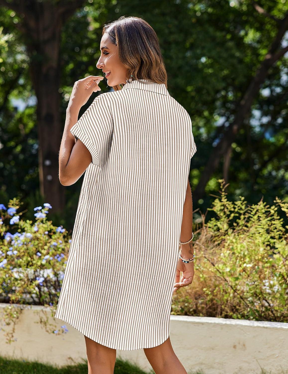 imageZeagoo Summer Dresses for Women 2026 Cotton Button Down Short Sleeve Tshirt Dresses Casual Mini Beach DressBrownwhite Stripe
