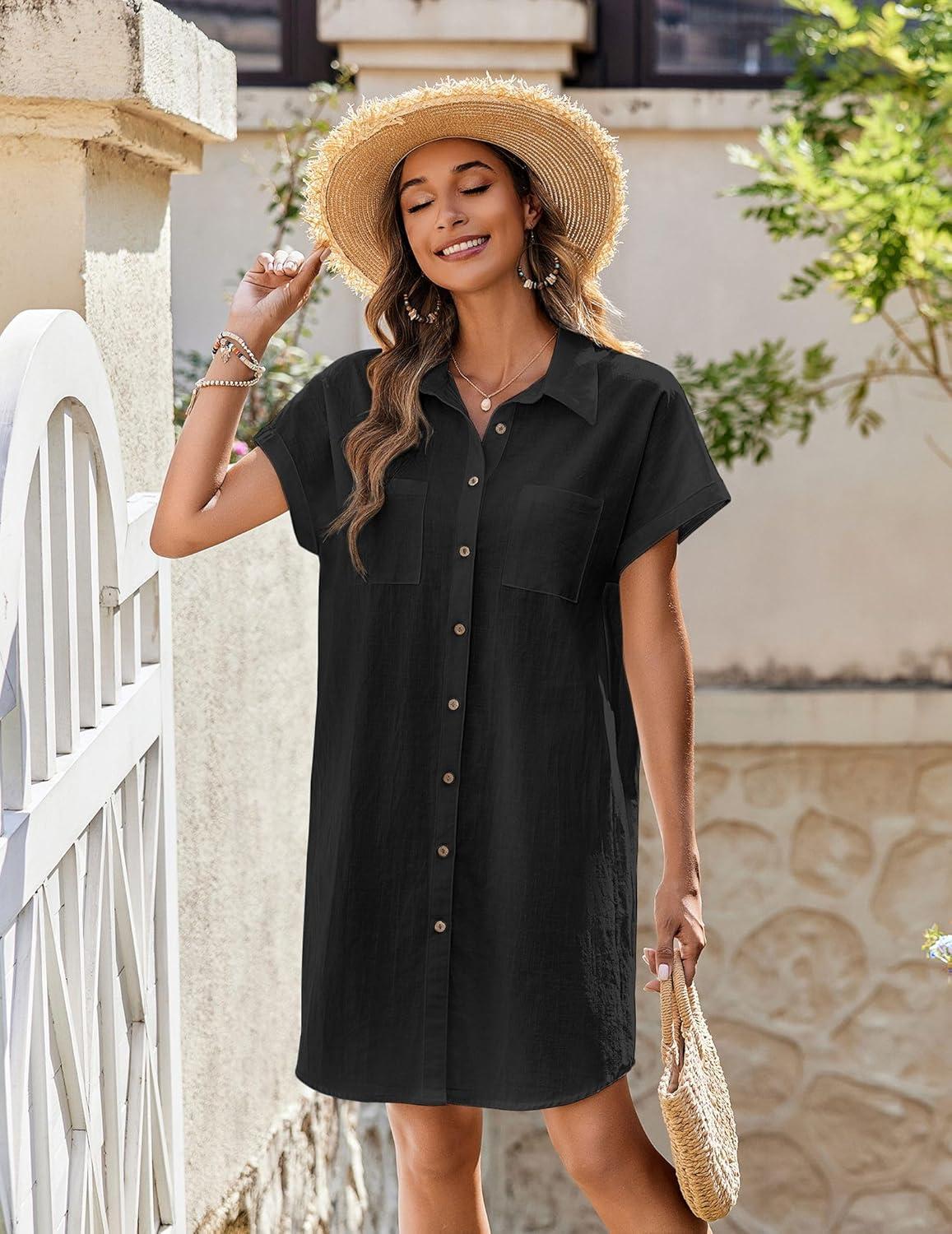 imageZeagoo Summer Dresses for Women 2026 Cotton Button Down Short Sleeve Tshirt Dresses Casual Mini Beach DressClassic Black