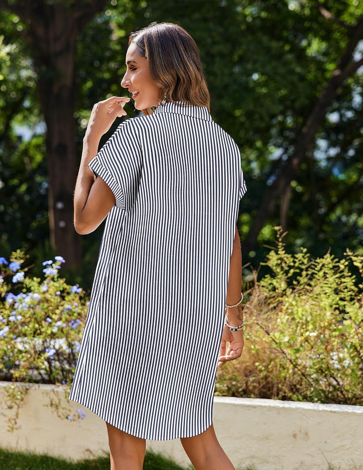 imageZeagoo Summer Dresses for Women 2026 Cotton Button Down Short Sleeve Tshirt Dresses Casual Mini Beach DressDark Bluewhite Stripe