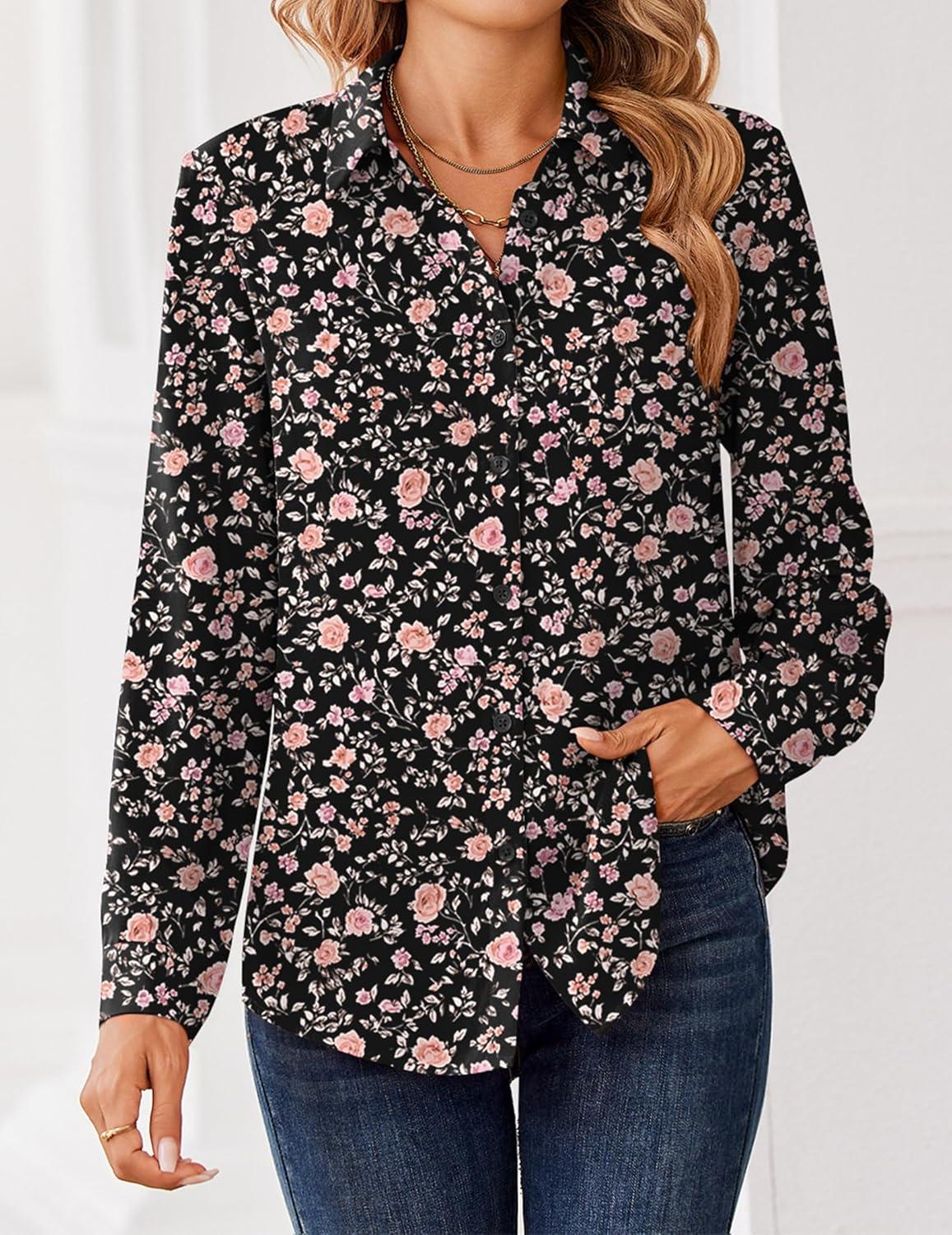 imageZeagoo Women Blouses Chiffon Long Sleeve Button Down Shirts Business Causal Dressy Work Top V Neck Summer Spring ClothesBlack Floral