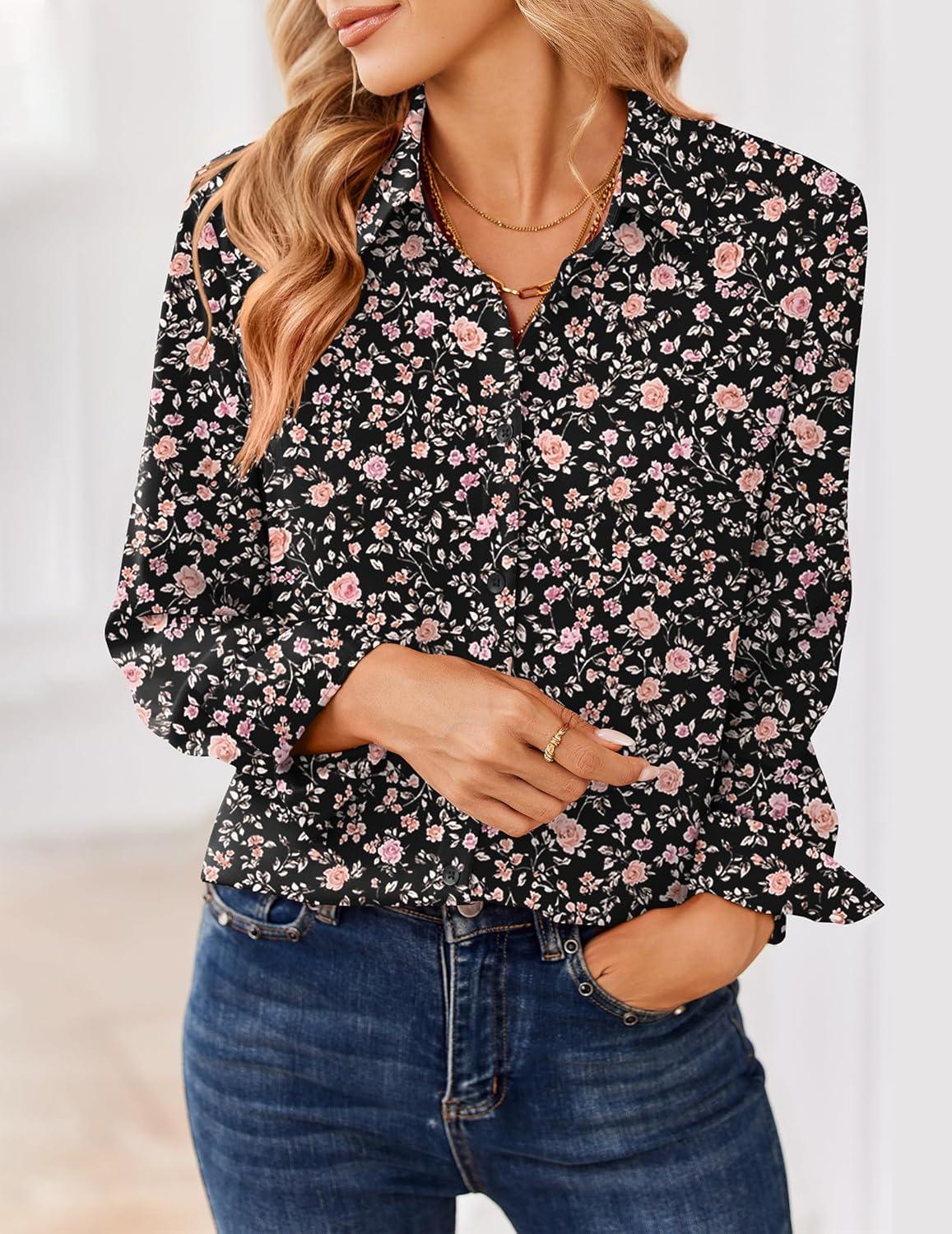 imageZeagoo Women Blouses Chiffon Long Sleeve Button Down Shirts Business Causal Dressy Work Top V Neck Summer Spring ClothesBlack Floral