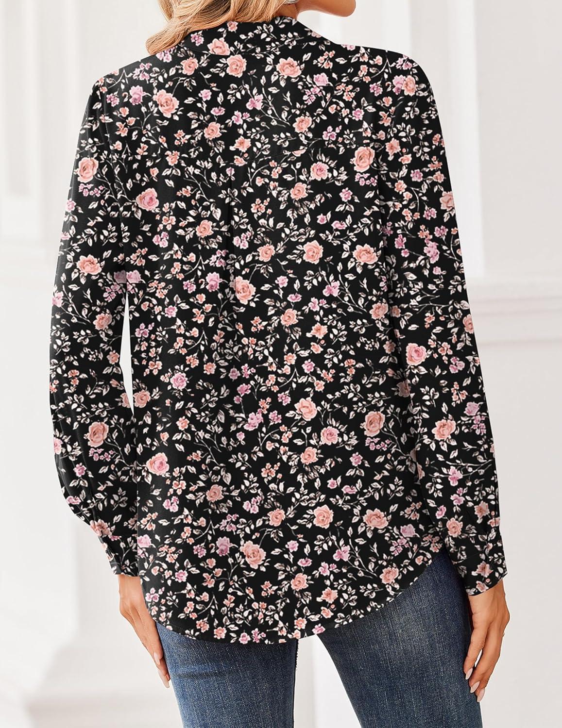 imageZeagoo Women Blouses Chiffon Long Sleeve Button Down Shirts Business Causal Dressy Work Top V Neck Summer Spring ClothesBlack Floral