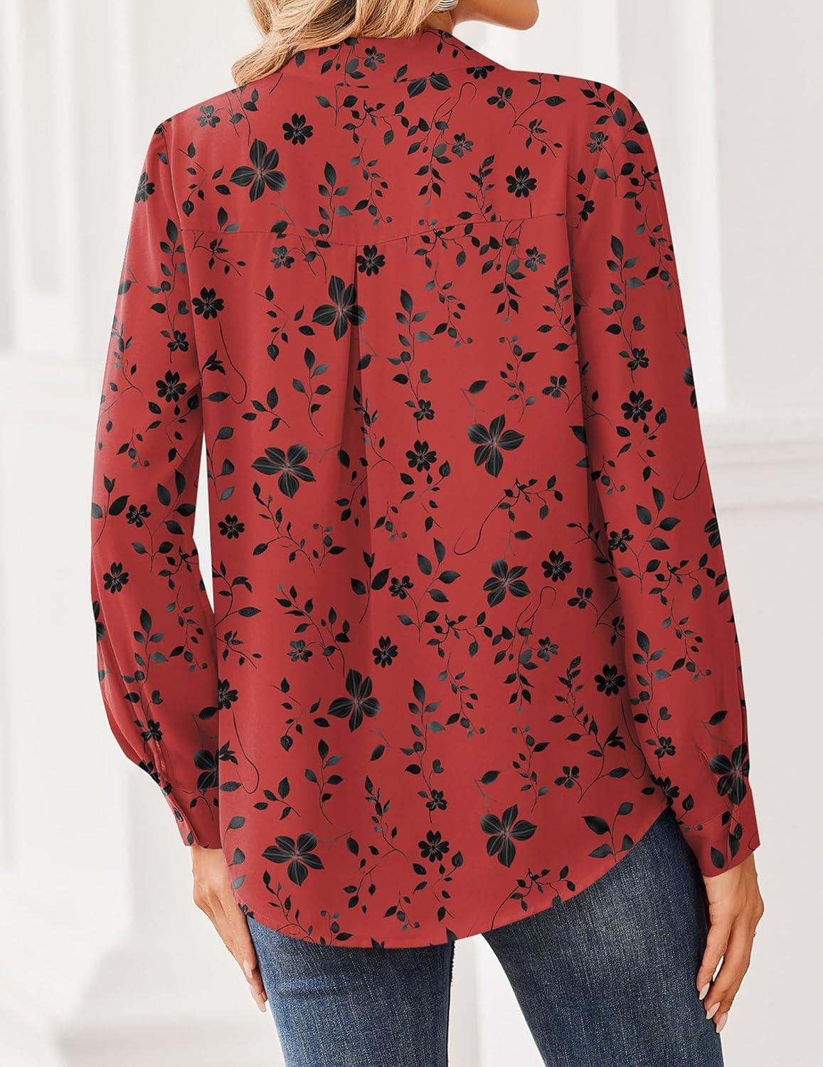 imageZeagoo Women Blouses Chiffon Long Sleeve Button Down Shirts Business Causal Dressy Work Top V Neck Summer Spring ClothesBlack Red Floral