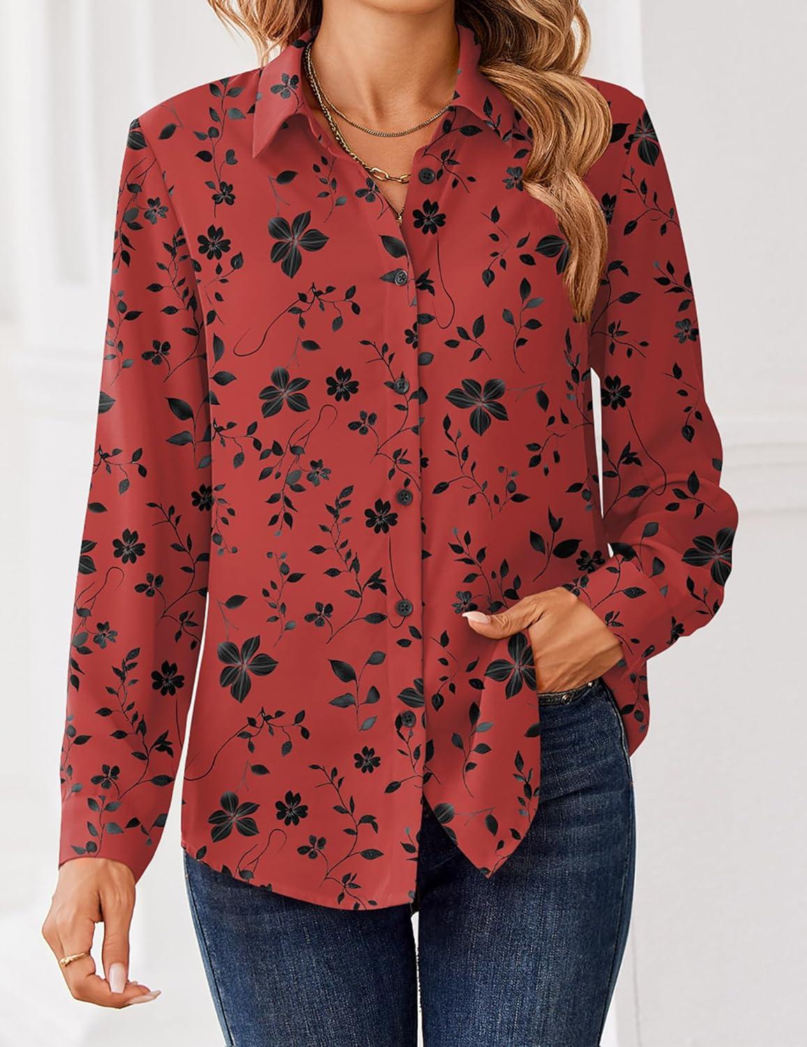 imageZeagoo Women Blouses Chiffon Long Sleeve Button Down Shirts Business Causal Dressy Work Top V Neck Summer Spring ClothesBlack Red Floral