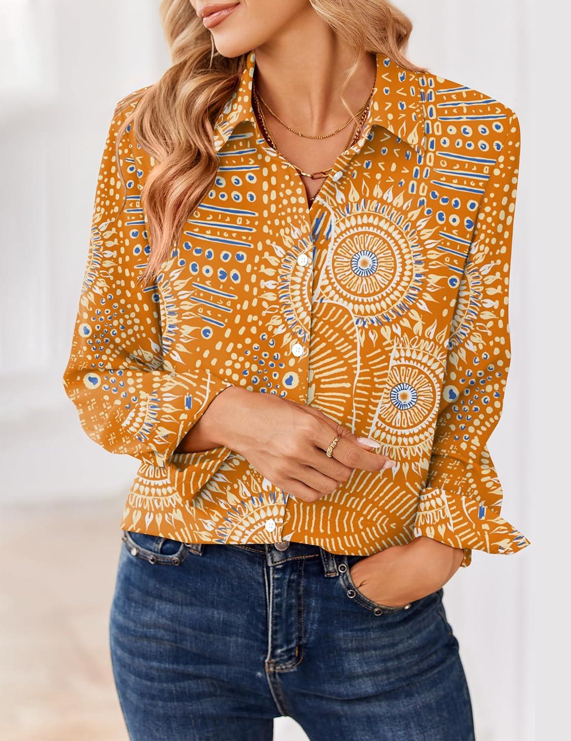 imageZeagoo Women Blouses Chiffon Long Sleeve Button Down Shirts Business Causal Dressy Work Top V Neck Summer Spring ClothesMandala Pattern
