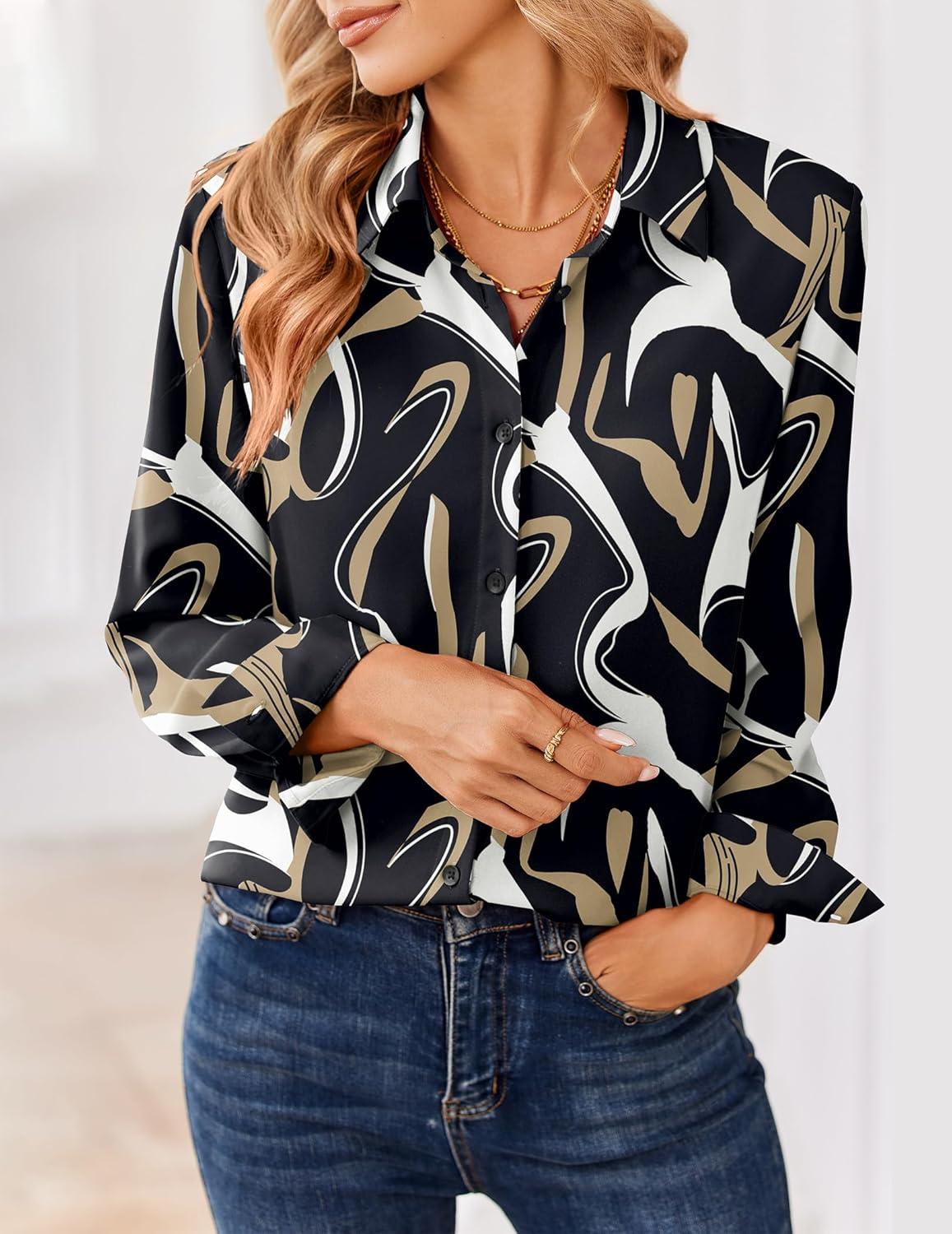 imageZeagoo Women Blouses Chiffon Long Sleeve Button Down Shirts Business Causal Dressy Work Top V Neck Summer Spring ClothesMulticolor 312