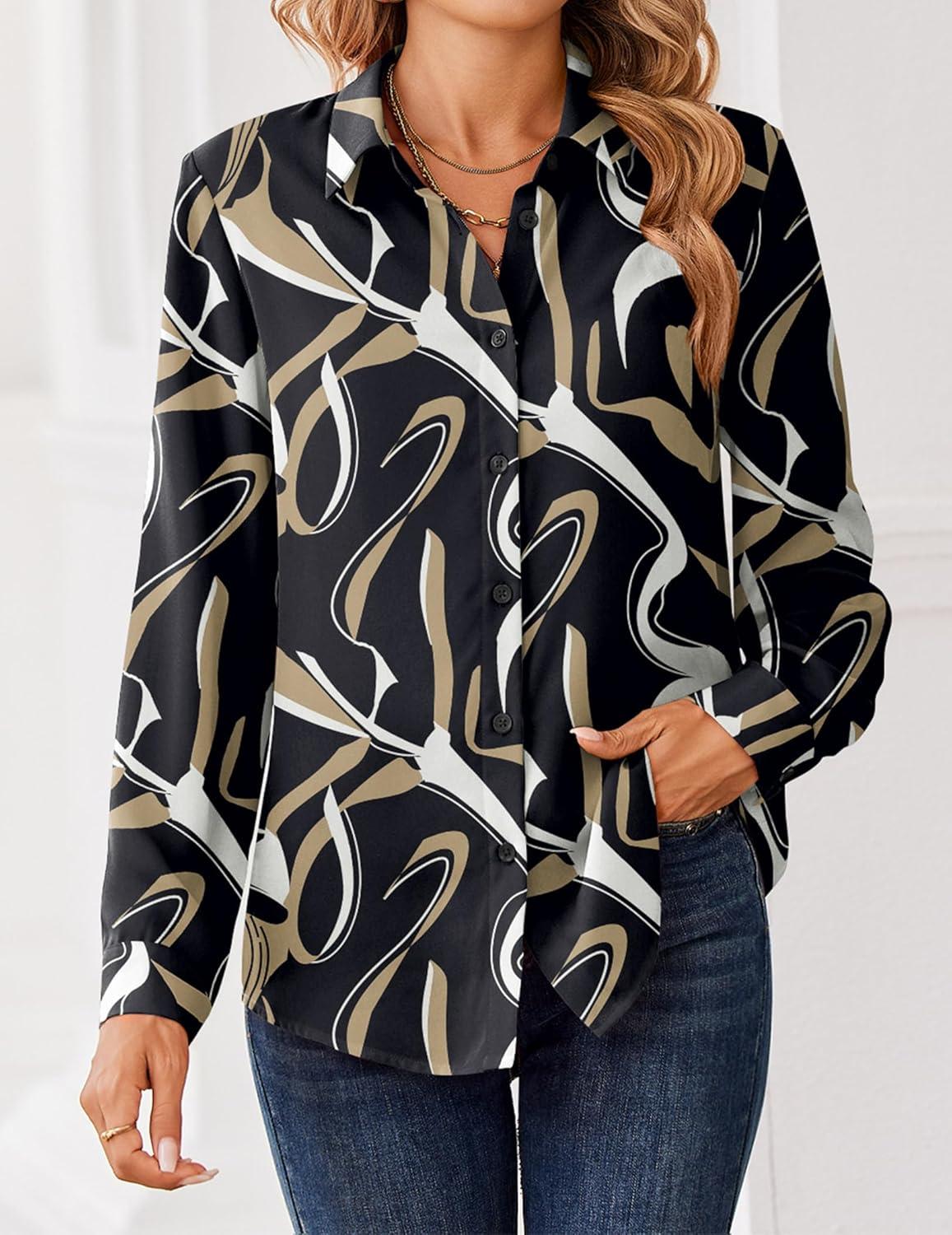imageZeagoo Women Blouses Chiffon Long Sleeve Button Down Shirts Business Causal Dressy Work Top V Neck Summer Spring ClothesMulticolor 312