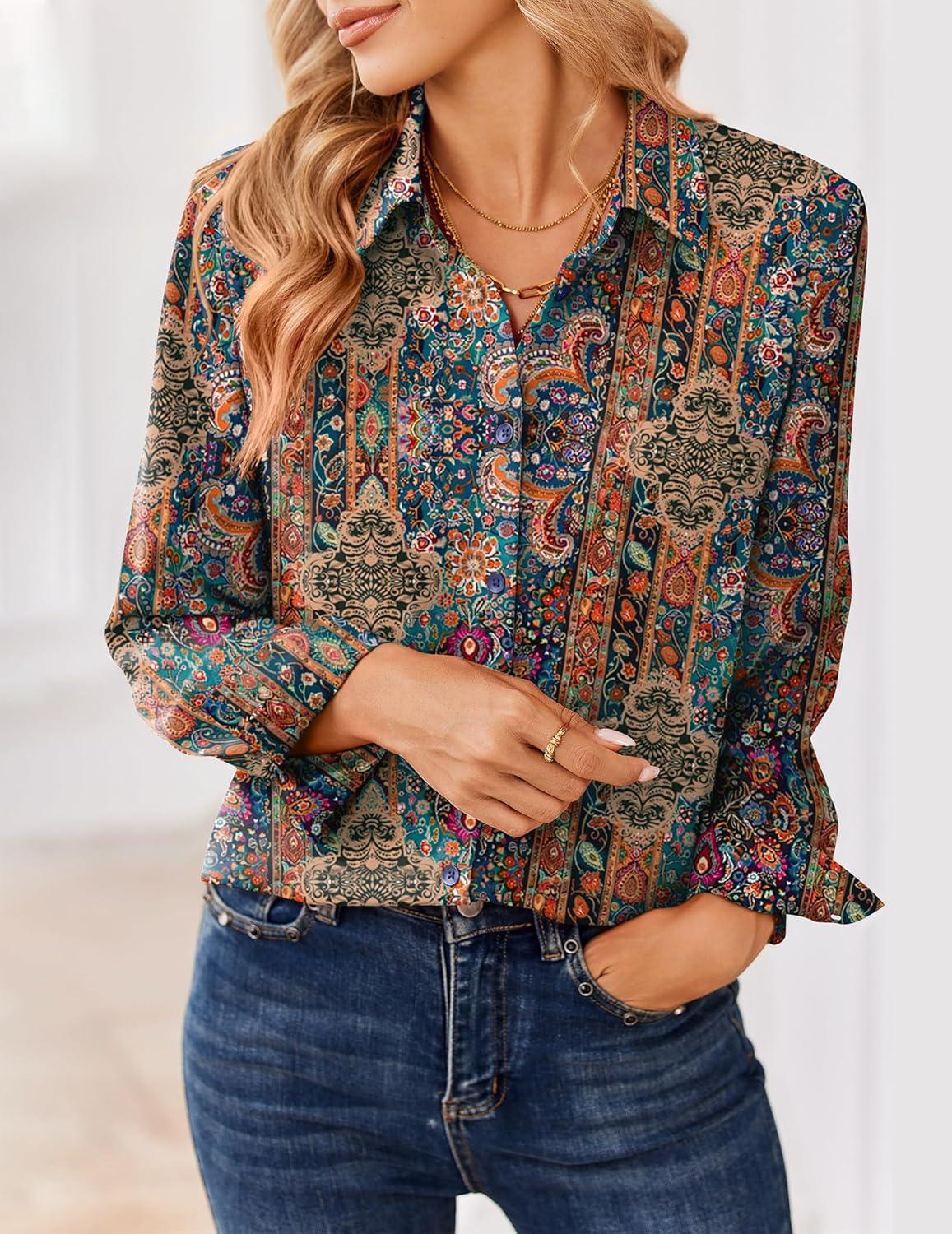 imageZeagoo Women Blouses Chiffon Long Sleeve Button Down Shirts Business Causal Dressy Work Top V Neck Summer Spring ClothesMulticolor 721
