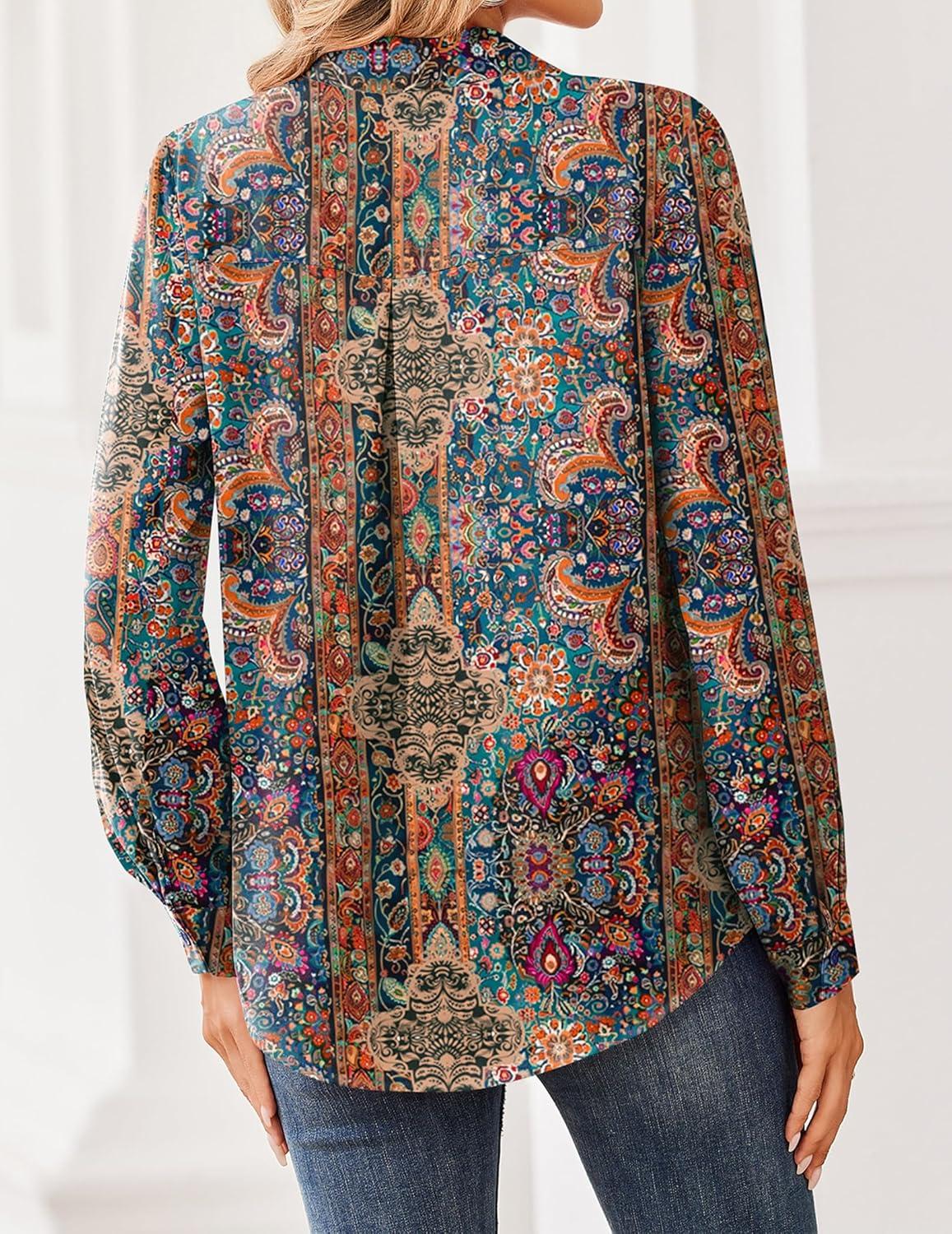 imageZeagoo Women Blouses Chiffon Long Sleeve Button Down Shirts Business Causal Dressy Work Top V Neck Summer Spring ClothesMulticolor 721