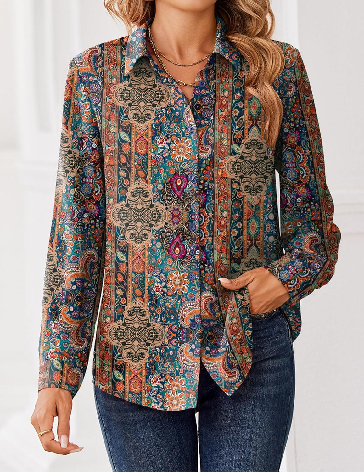 imageZeagoo Women Blouses Chiffon Long Sleeve Button Down Shirts Business Causal Dressy Work Top V Neck Summer Spring ClothesMulticolor 721