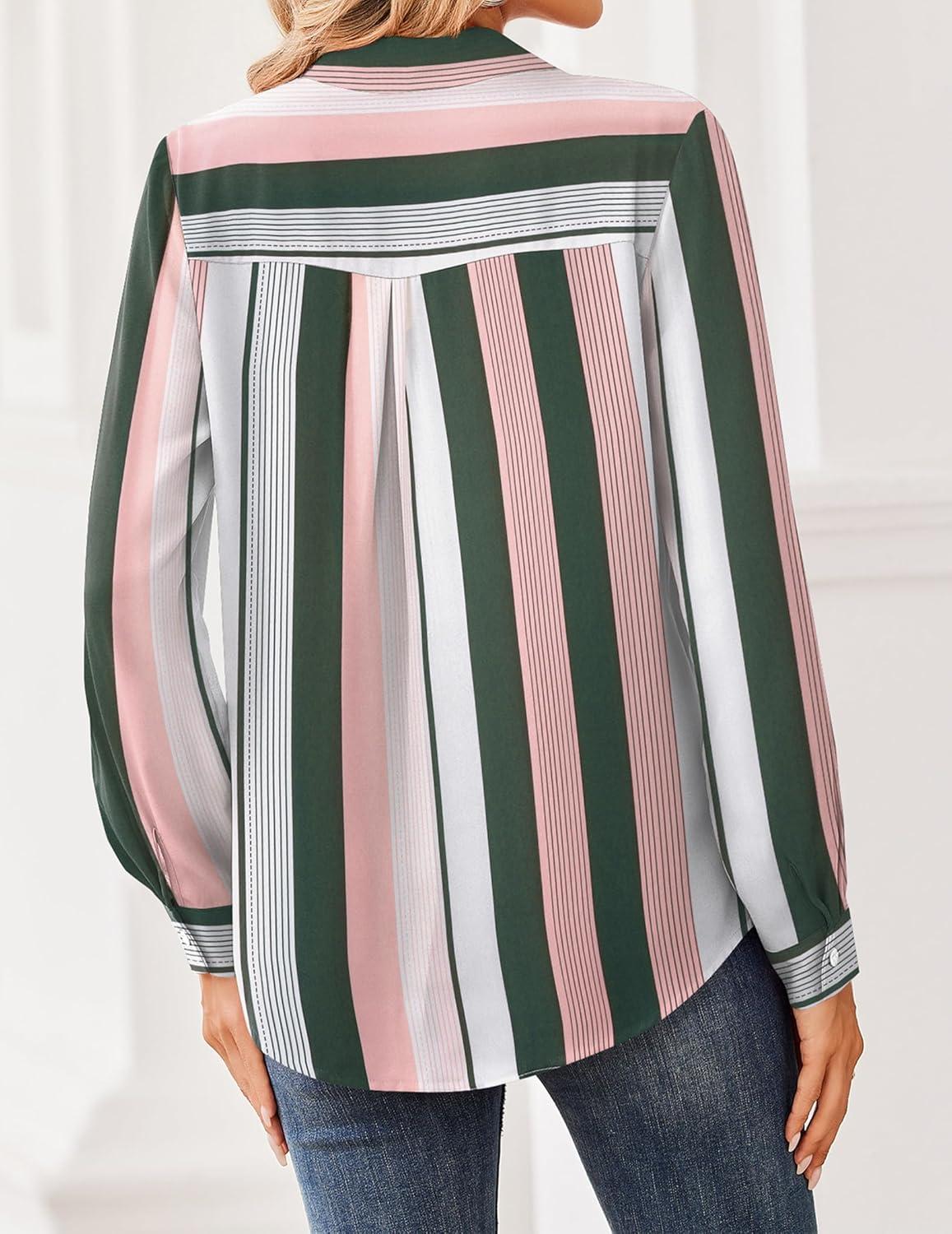 imageZeagoo Women Blouses Chiffon Long Sleeve Button Down Shirts Business Causal Dressy Work Top V Neck Summer Spring ClothesMulticolor Stripes