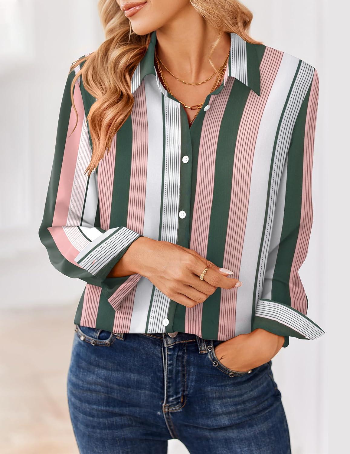 imageZeagoo Women Blouses Chiffon Long Sleeve Button Down Shirts Business Causal Dressy Work Top V Neck Summer Spring ClothesMulticolor Stripes