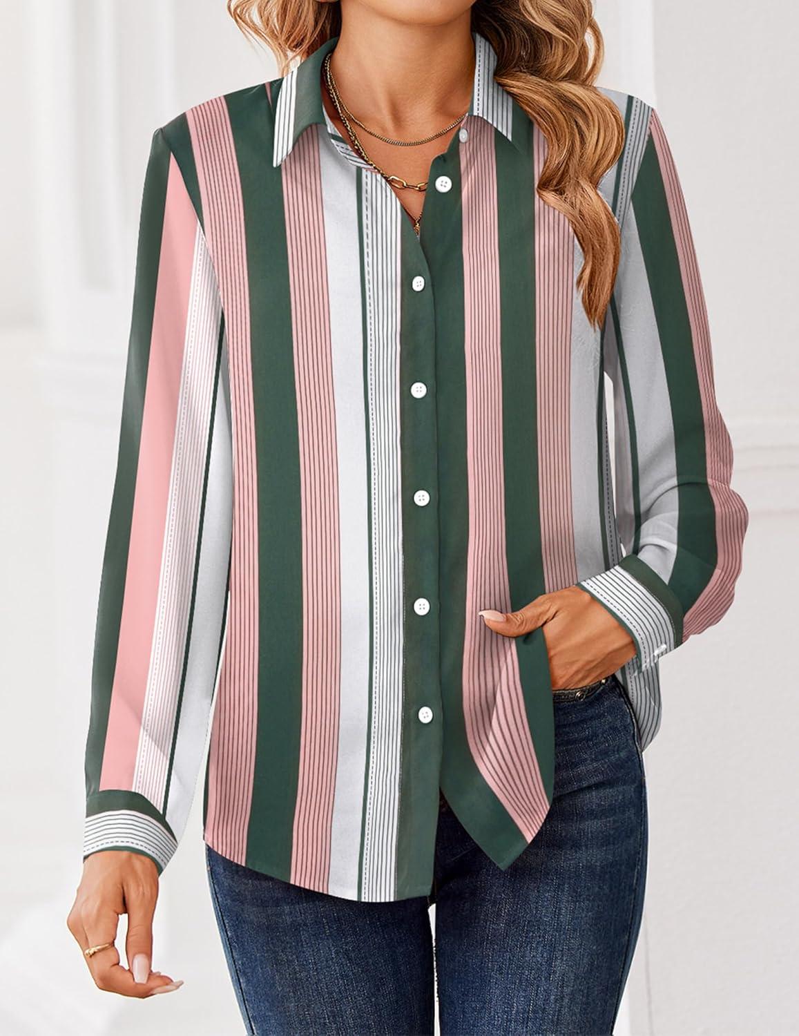 imageZeagoo Women Blouses Chiffon Long Sleeve Button Down Shirts Business Causal Dressy Work Top V Neck Summer Spring ClothesMulticolor Stripes