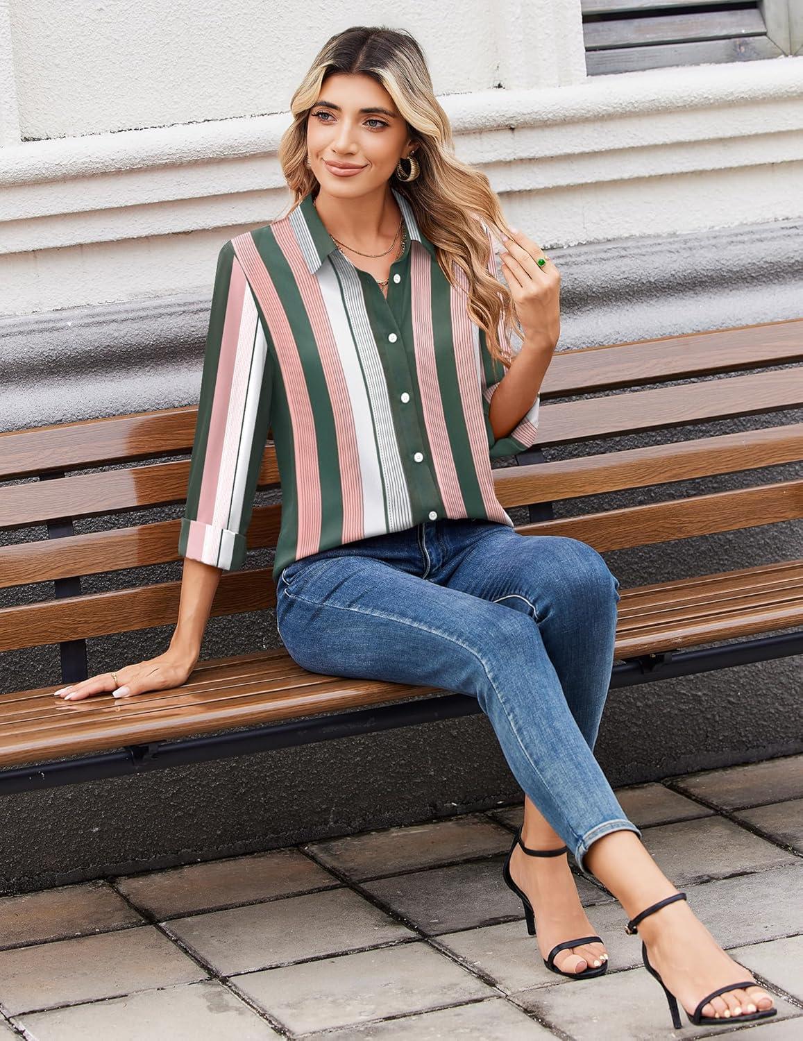 imageZeagoo Women Blouses Chiffon Long Sleeve Button Down Shirts Business Causal Dressy Work Top V Neck Summer Spring ClothesMulticolor Stripes