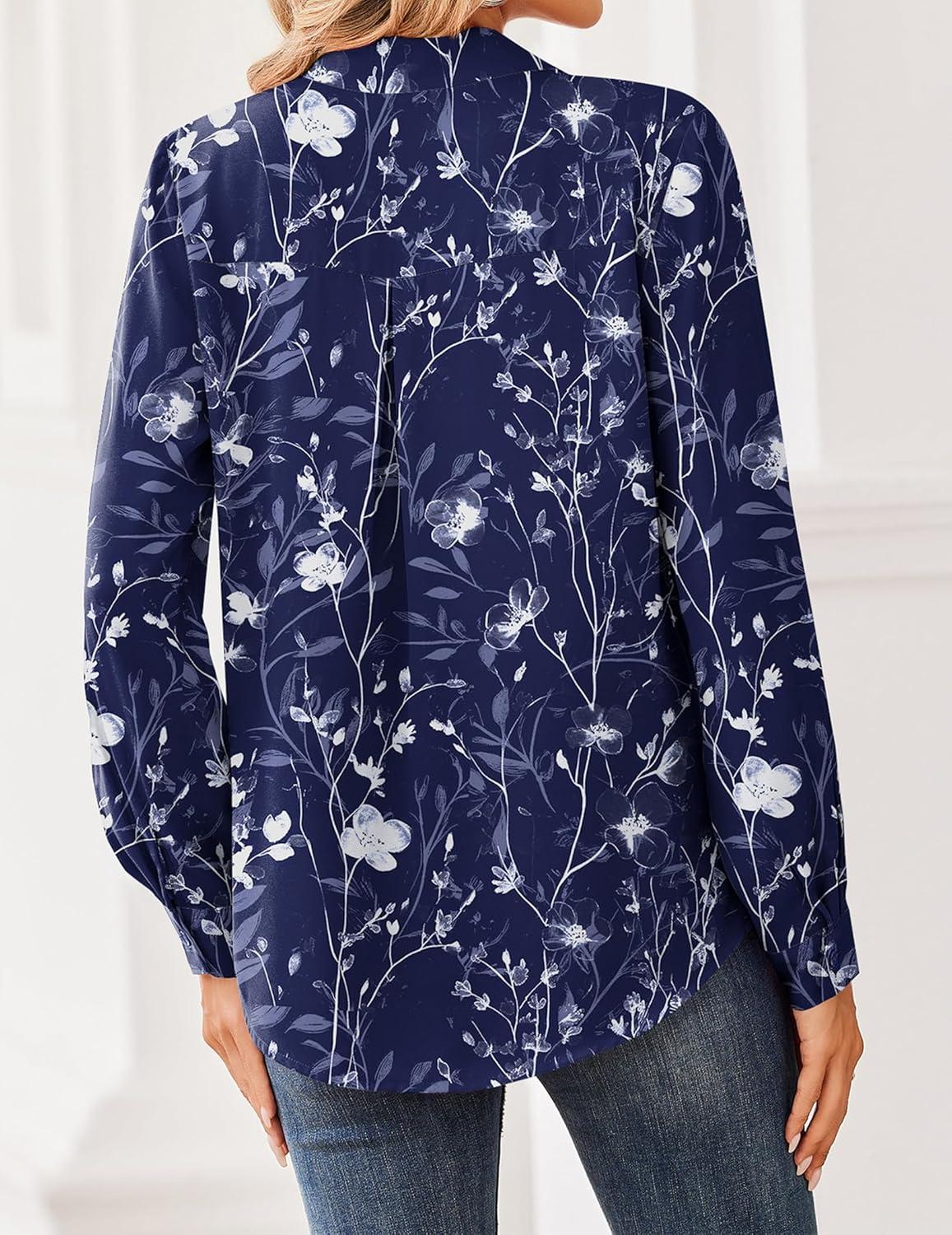 imageZeagoo Women Blouses Chiffon Long Sleeve Button Down Shirts Business Causal Dressy Work Top V Neck Summer Spring ClothesNavy Floral