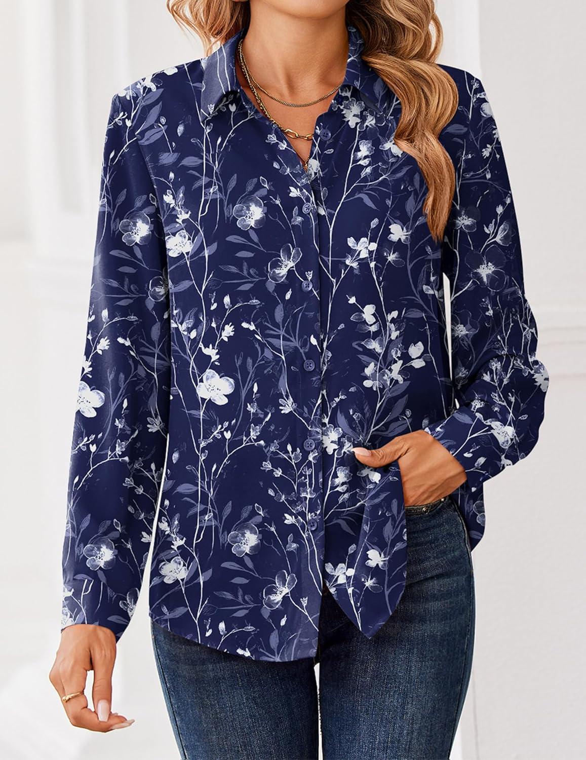 imageZeagoo Women Blouses Chiffon Long Sleeve Button Down Shirts Business Causal Dressy Work Top V Neck Summer Spring ClothesNavy Floral